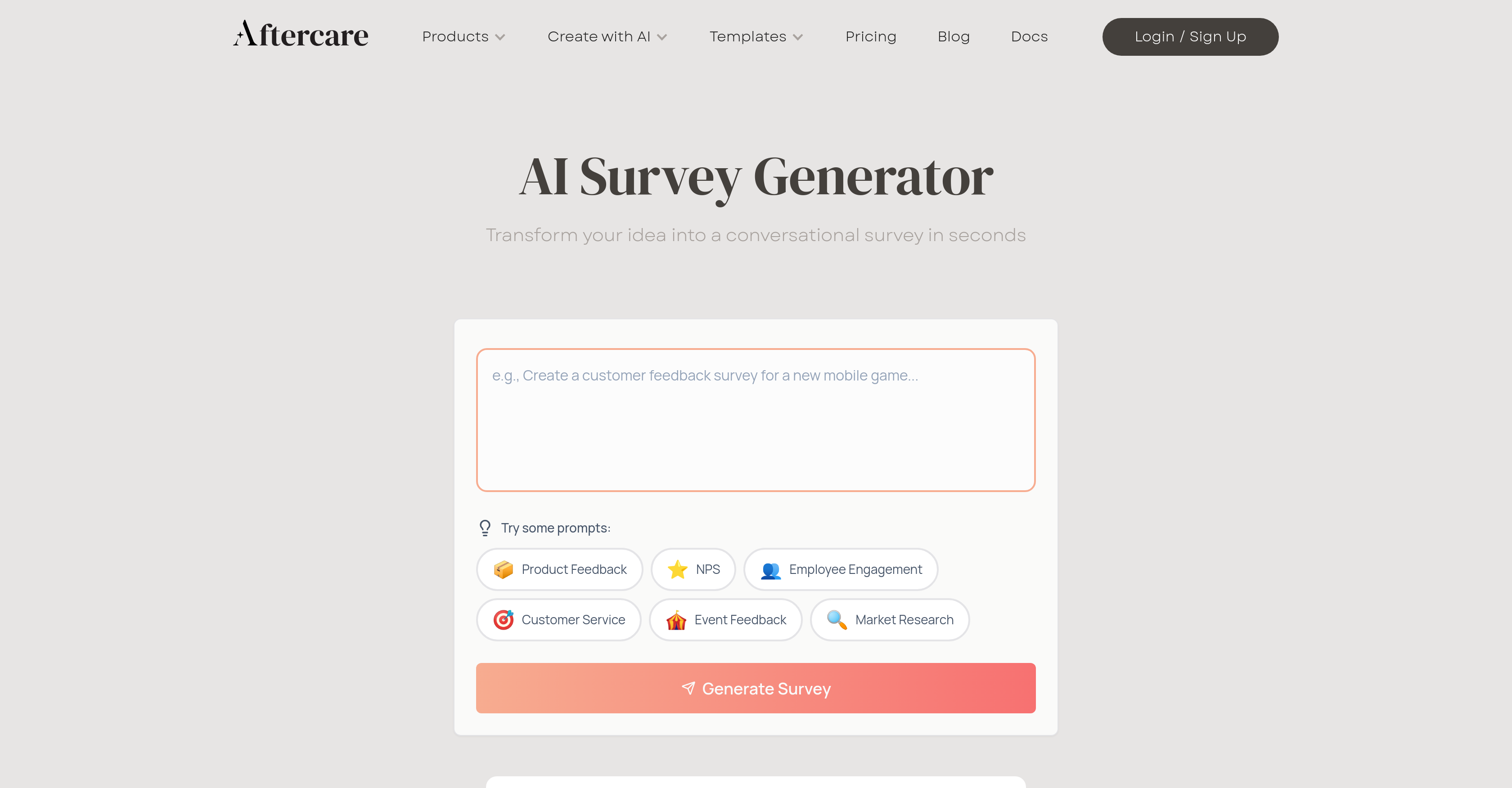 Aftercare AI Survey Generator - Screenshot showing the interface and features of this AI tool