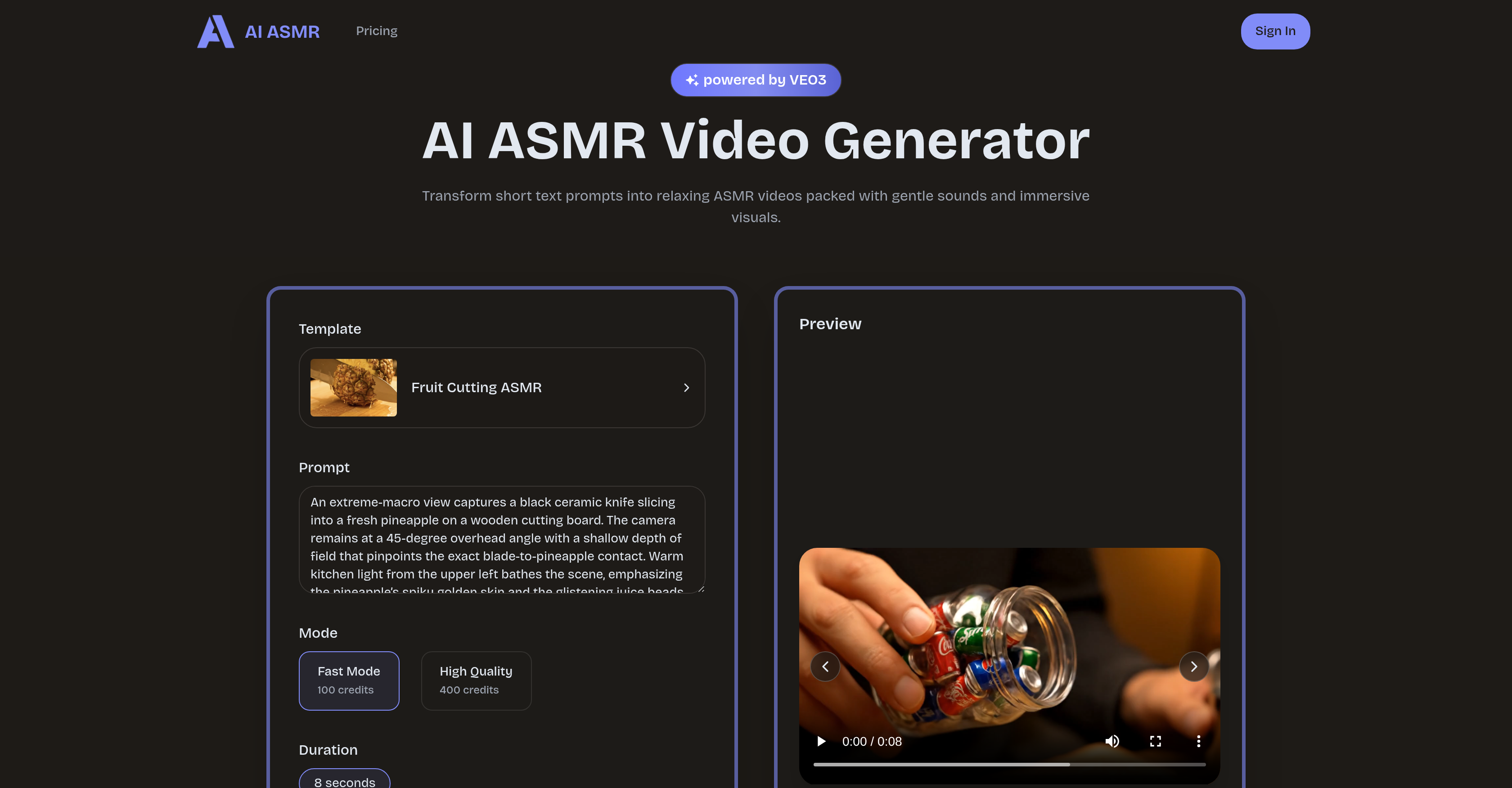 AI-ASMR.io - Screenshot showing the interface and features of this AI tool