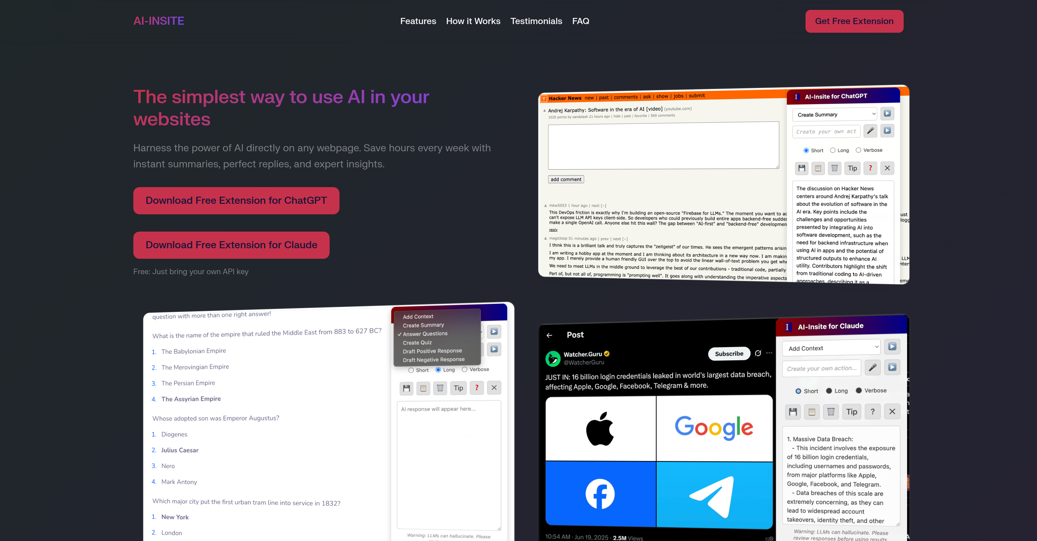 AI-Insite - Bring AI power to any webpage. - Screenshot showing the interface and features of this AI tool