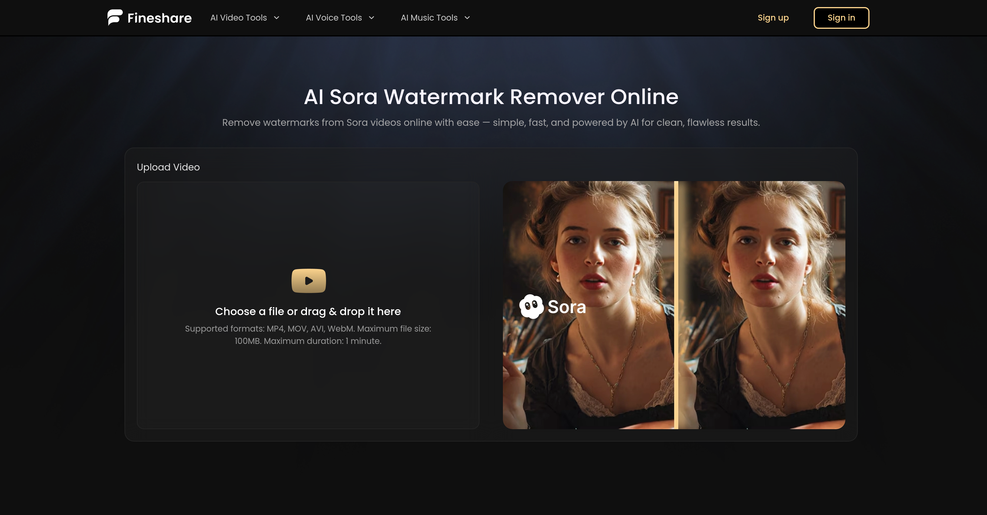 Fineshare Sora Watermark Remover - Screenshot showing the interface and features of this AI tool