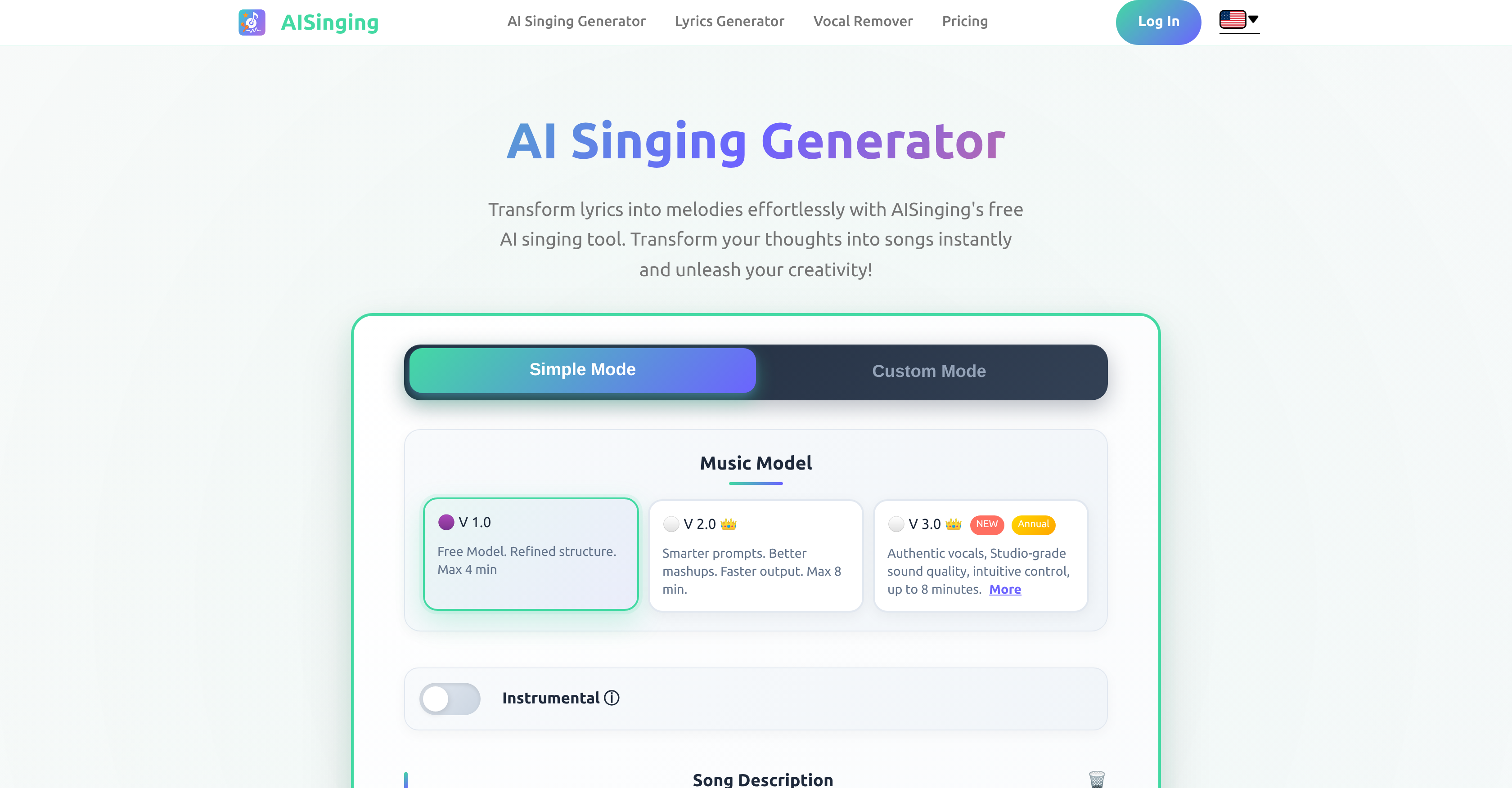 AISinging - Screenshot showing the interface and features of this AI tool