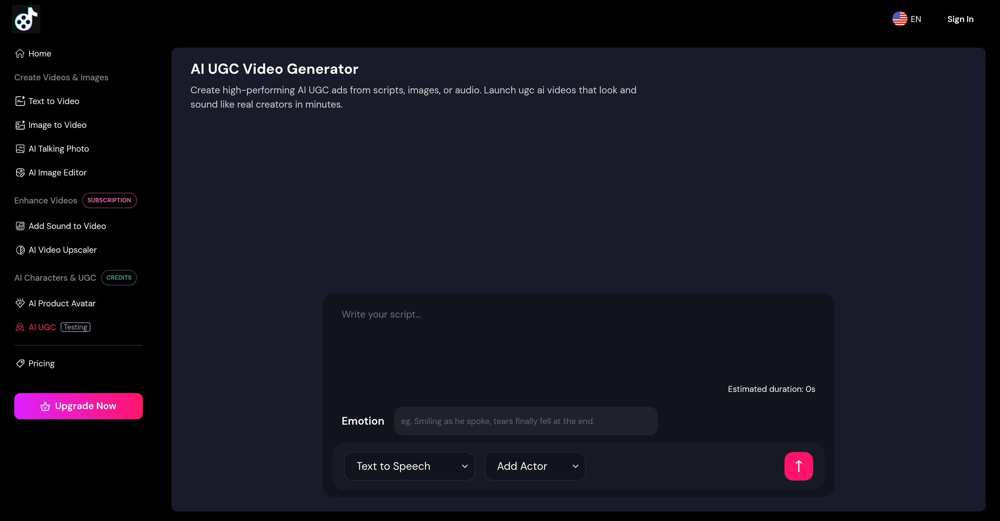 AI UGC Video Generator from AIVideoMaker - Screenshot showing the interface and features of this AI tool