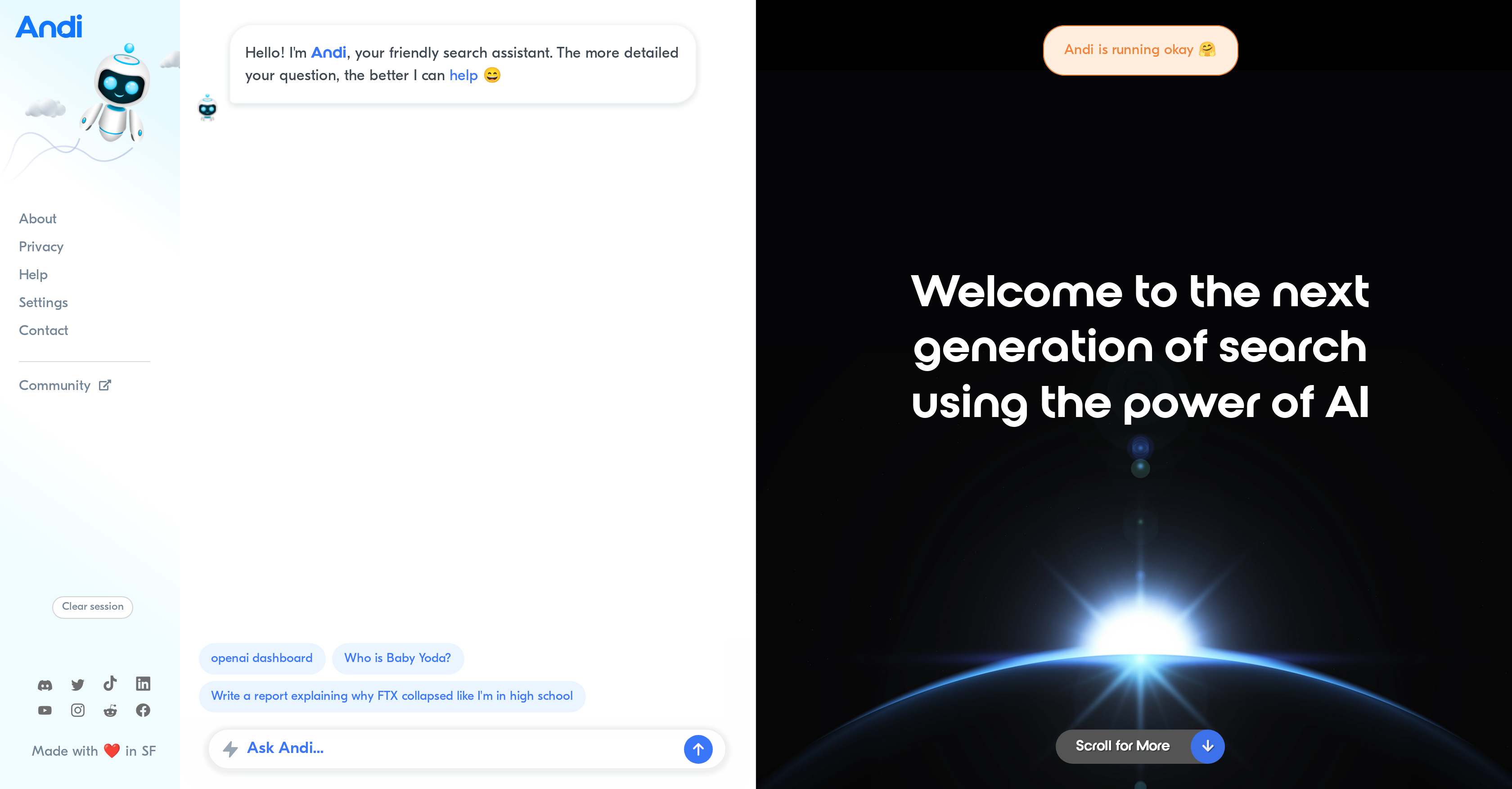 Andi - Screenshot showing the interface and features of this AI tool