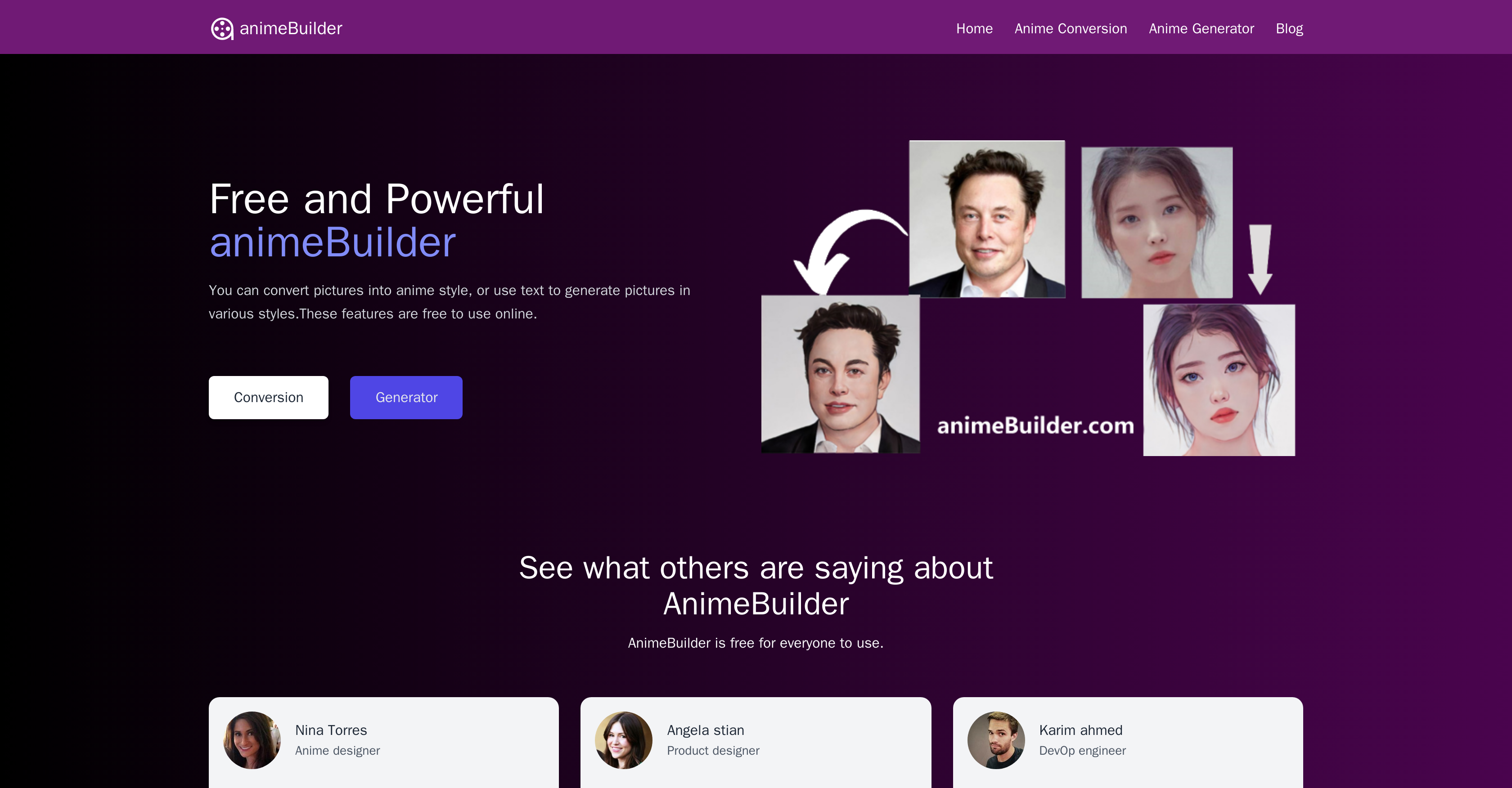 AnimeBuilder - Screenshot showing the interface and features of this AI tool