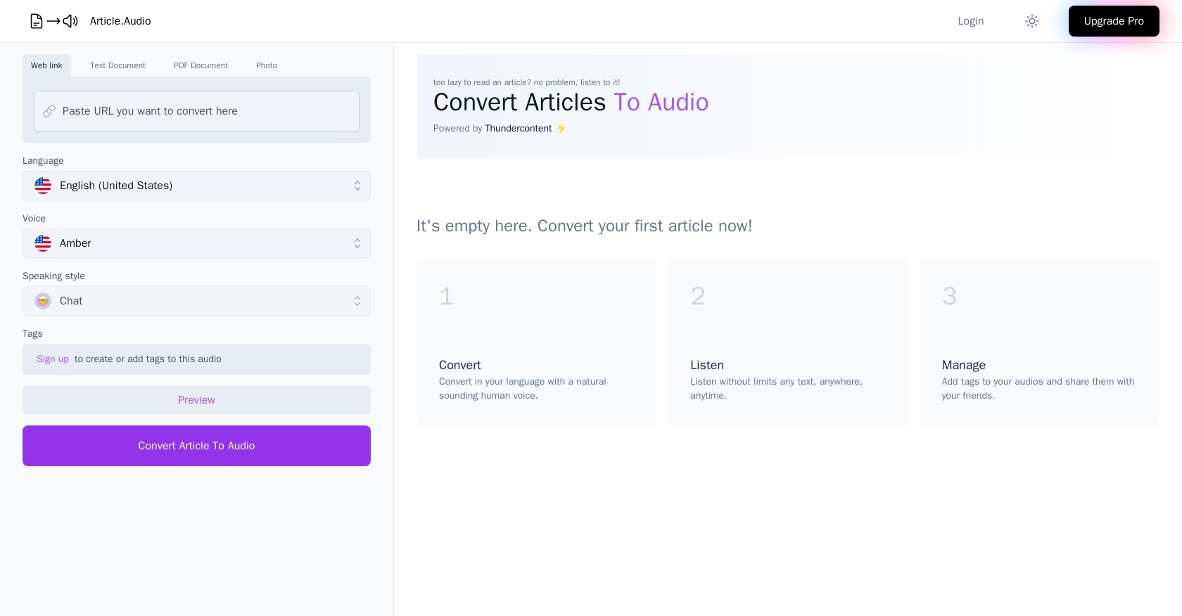 Article.Audio - Screenshot showing the interface and features of this AI tool