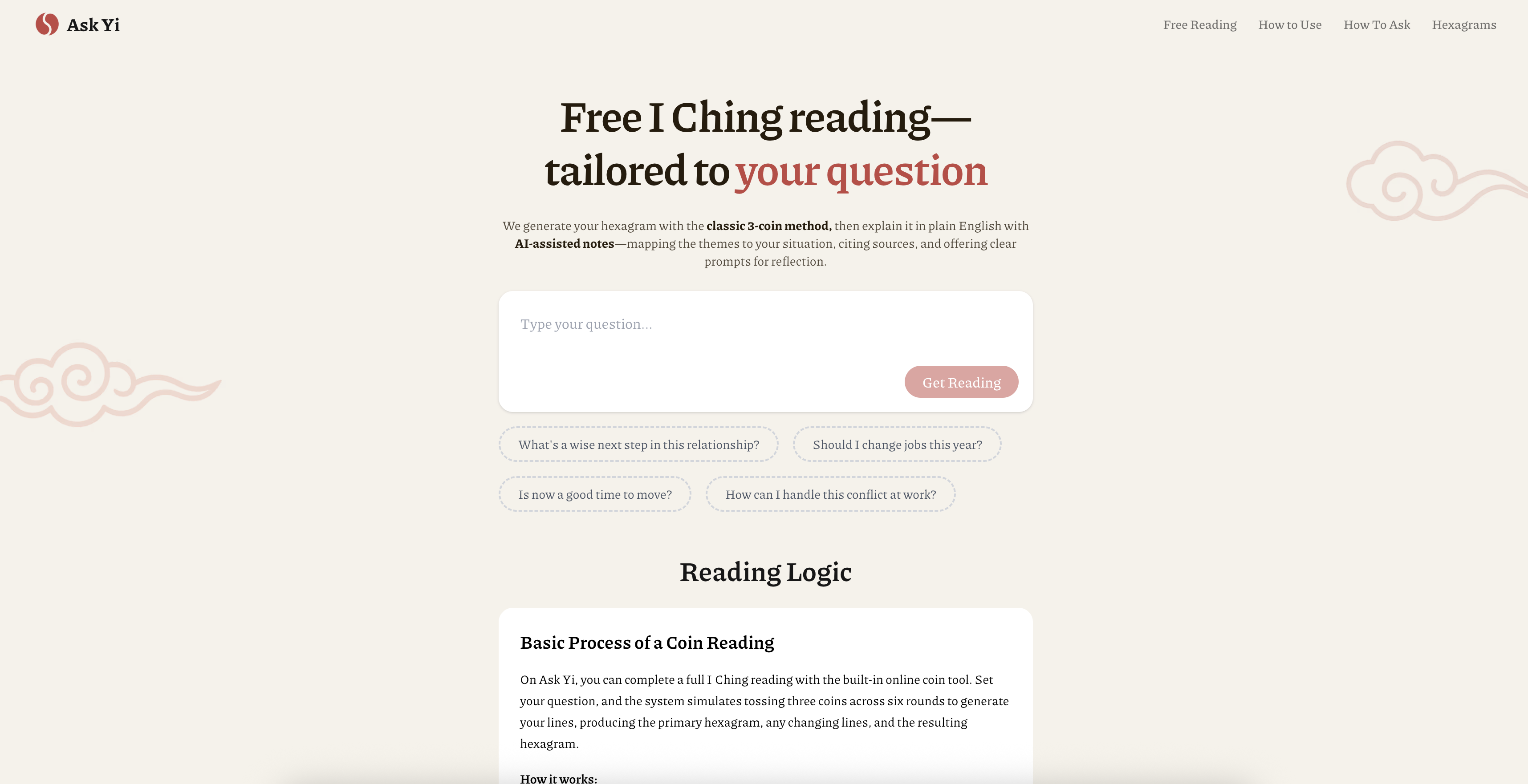 Ask Yi - I Ching Reading - Screenshot showing the interface and features of this AI tool