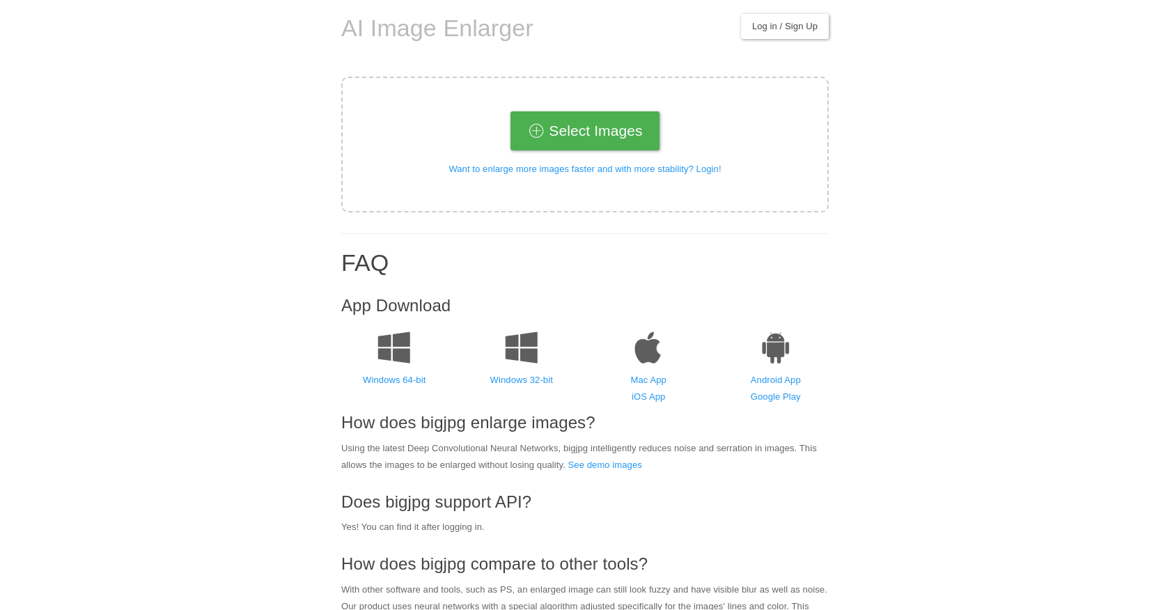 BigJpg - Screenshot showing the interface and features of this AI tool