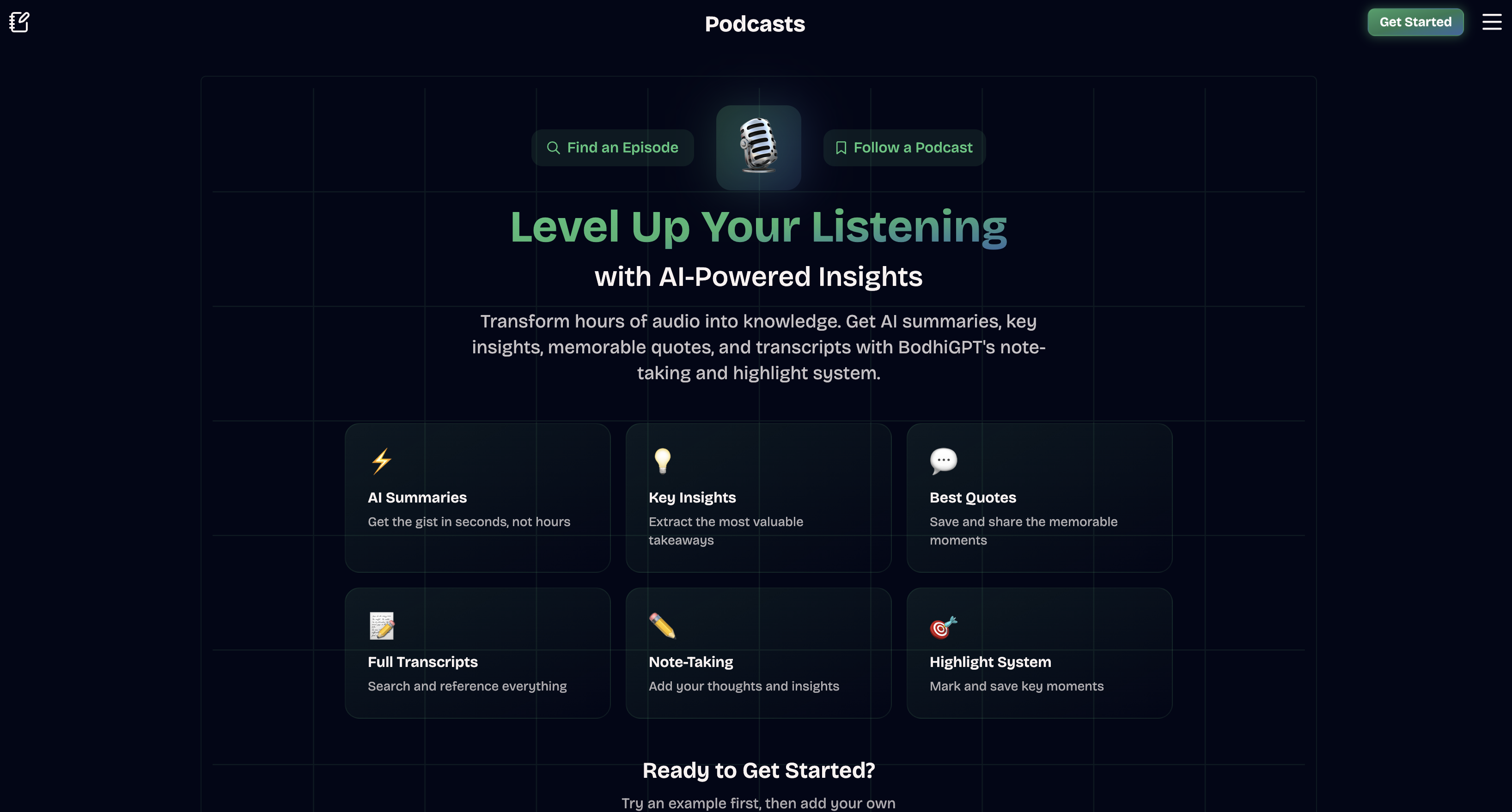 BodhiGPT | Podcasts - Screenshot showing the interface and features of this AI tool