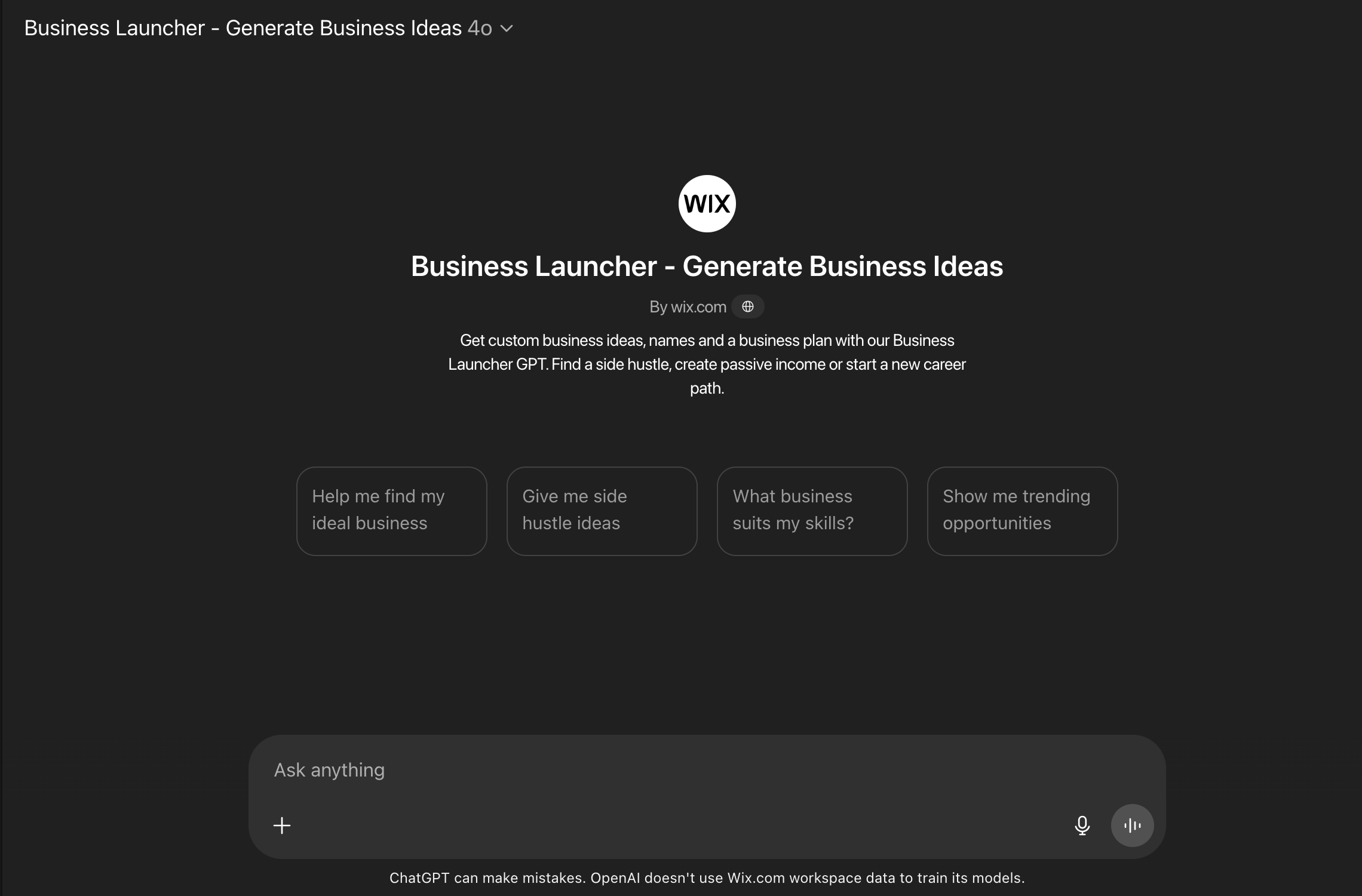 Wix Business Launcher - Generate Business Ideas - Screenshot showing the interface and features of this AI tool