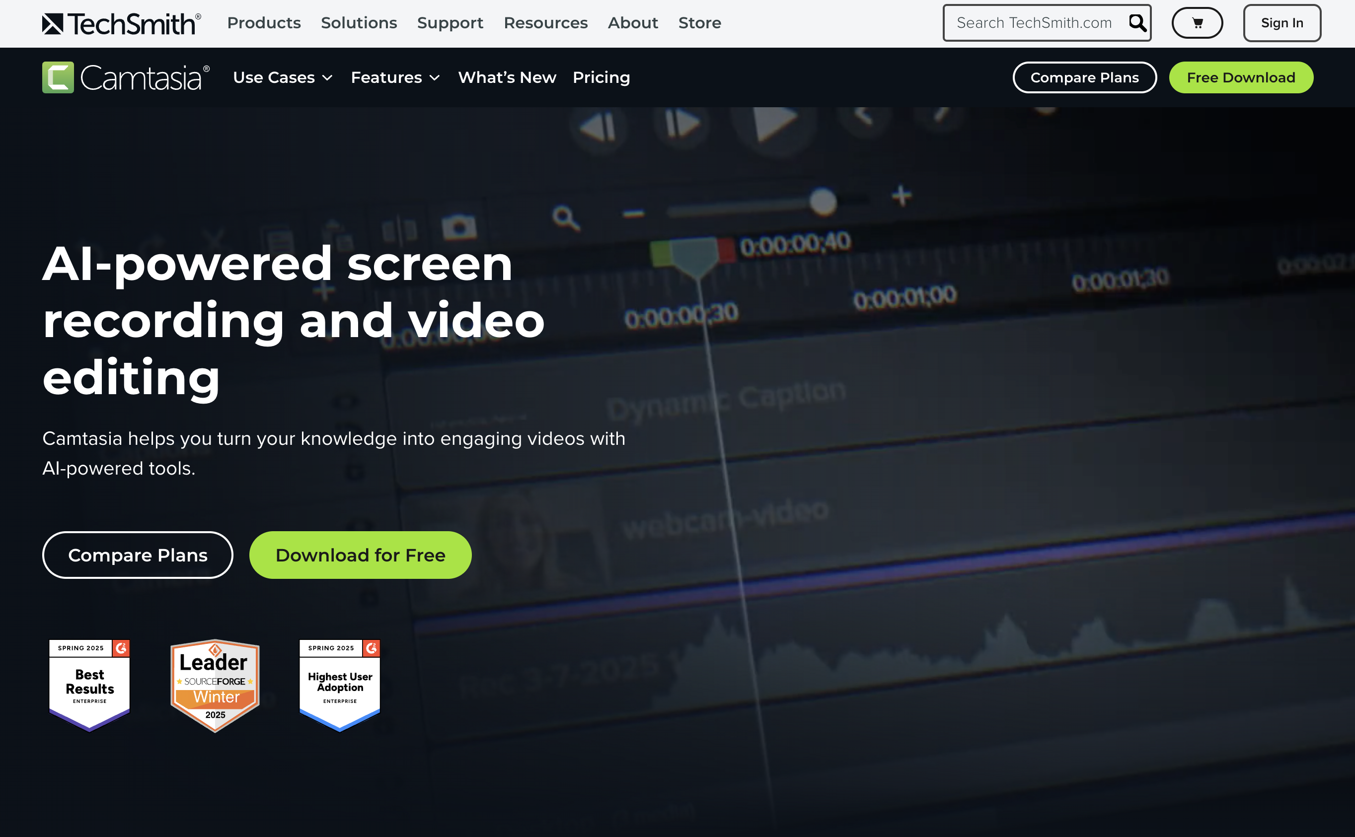 Camtasia - Screenshot showing the interface and features of this AI tool