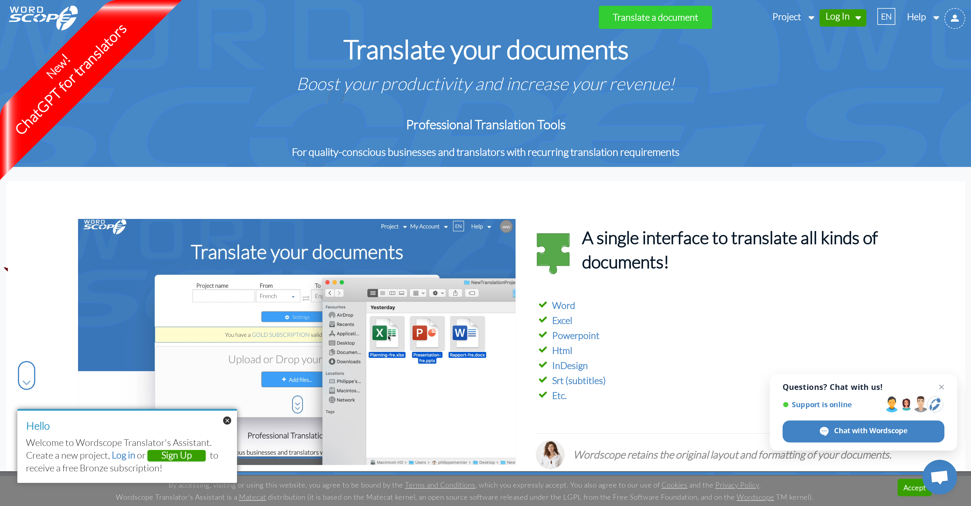ChatGPT for Translators - Screenshot showing the interface and features of this AI tool