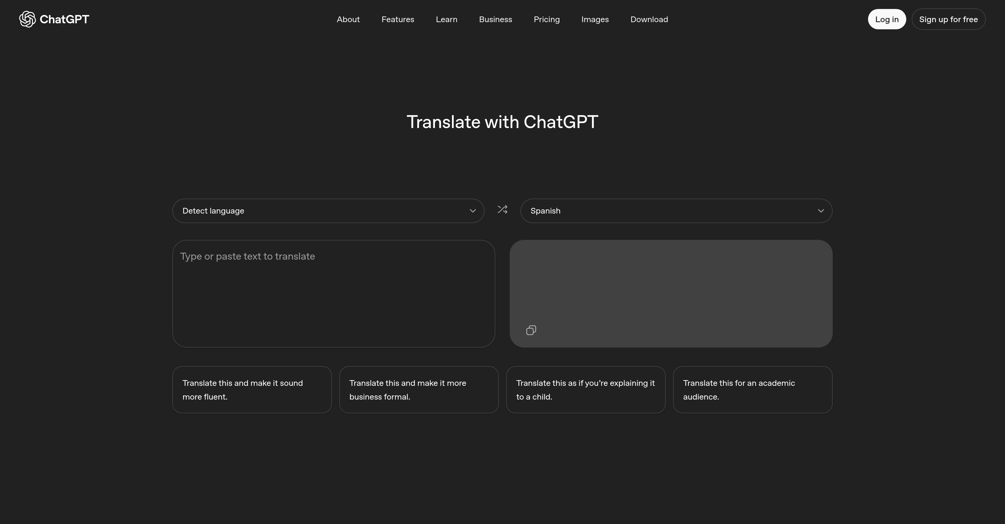 ChatGPT Translate - Screenshot showing the interface and features of this AI tool