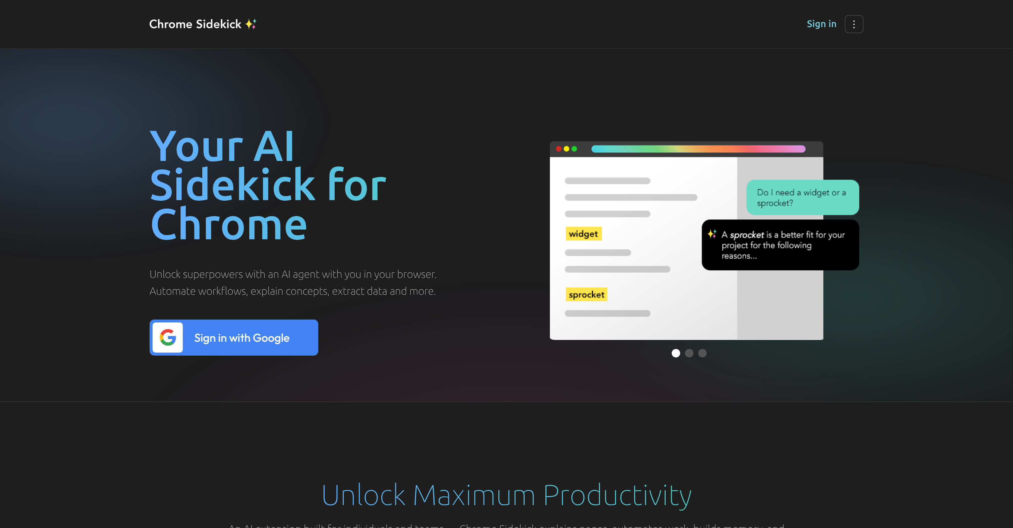 Chrome Sidekick - Screenshot showing the interface and features of this AI tool