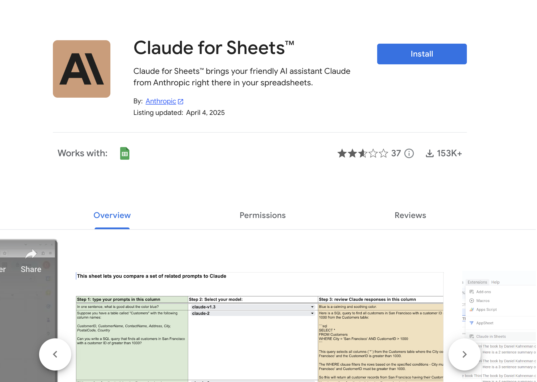 Claude for Sheetsv1.1.0 - Screenshot showing the interface and features of this AI tool