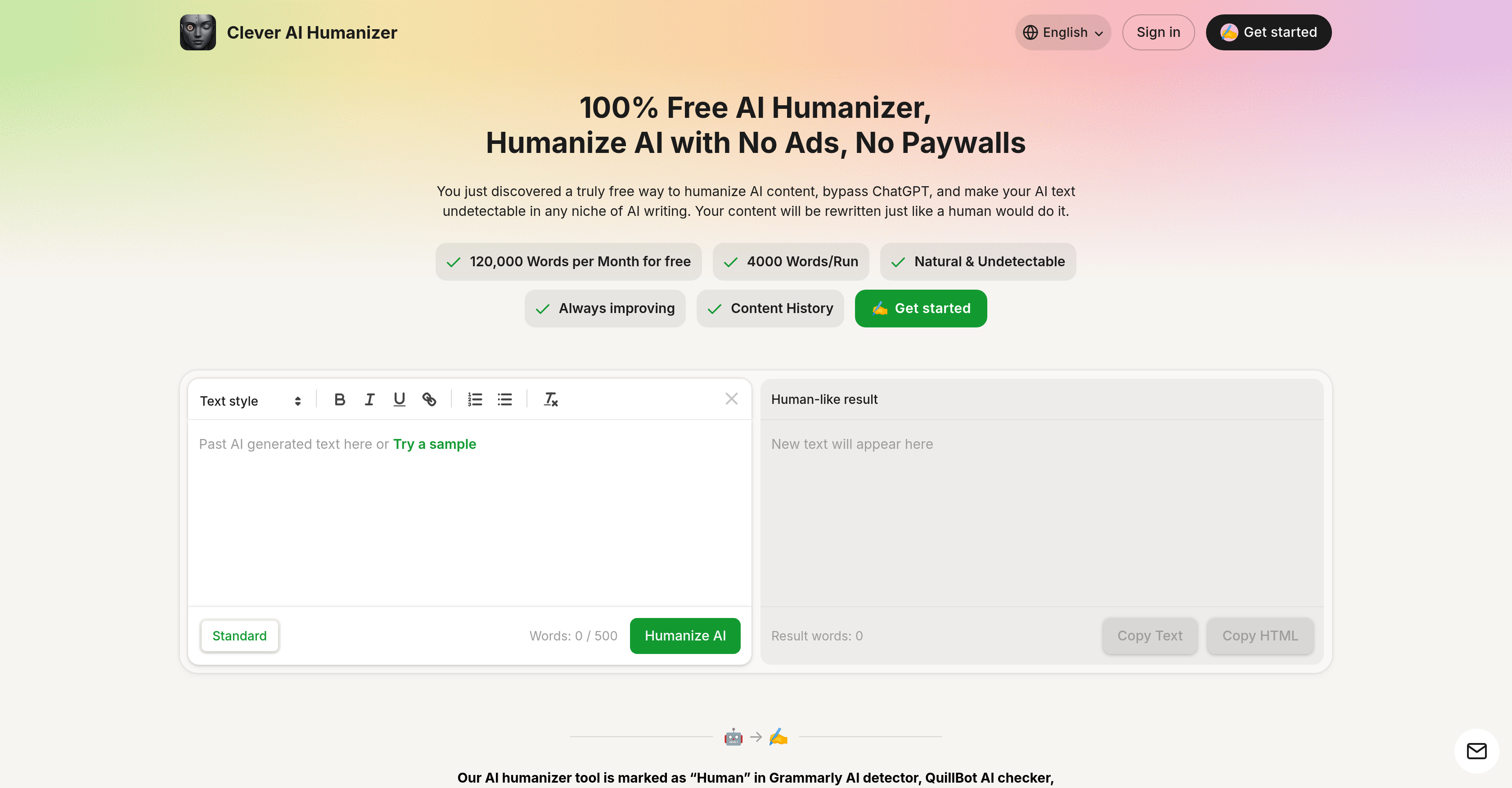 Clever AI Humanizer - Screenshot showing the interface and features of this AI tool
