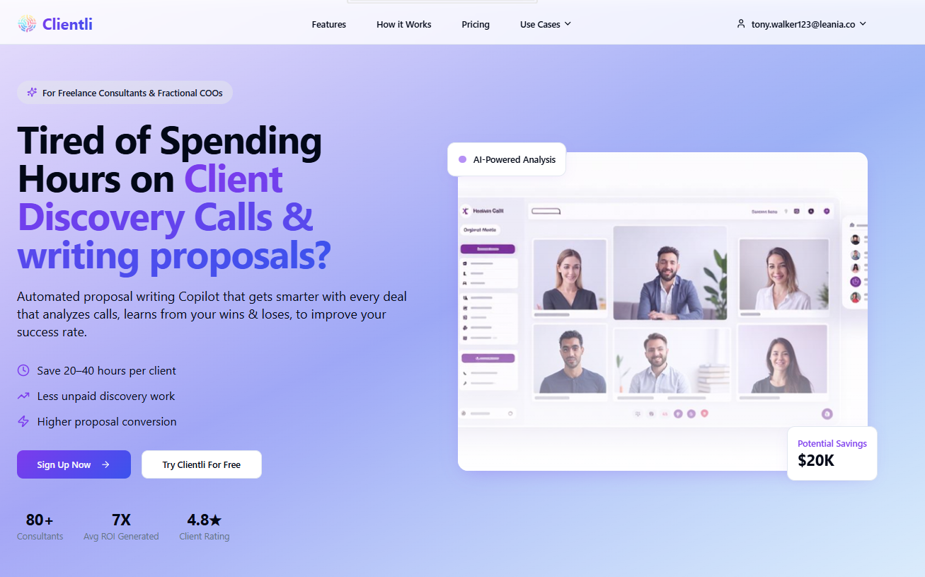 Clientli - Screenshot showing the interface and features of this AI tool