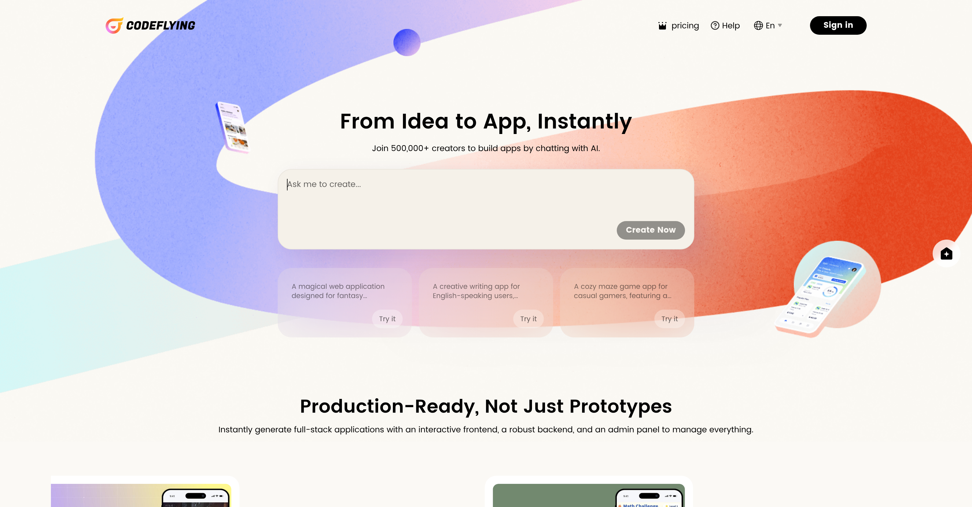 CodeFlying - Screenshot showing the interface and features of this AI tool
