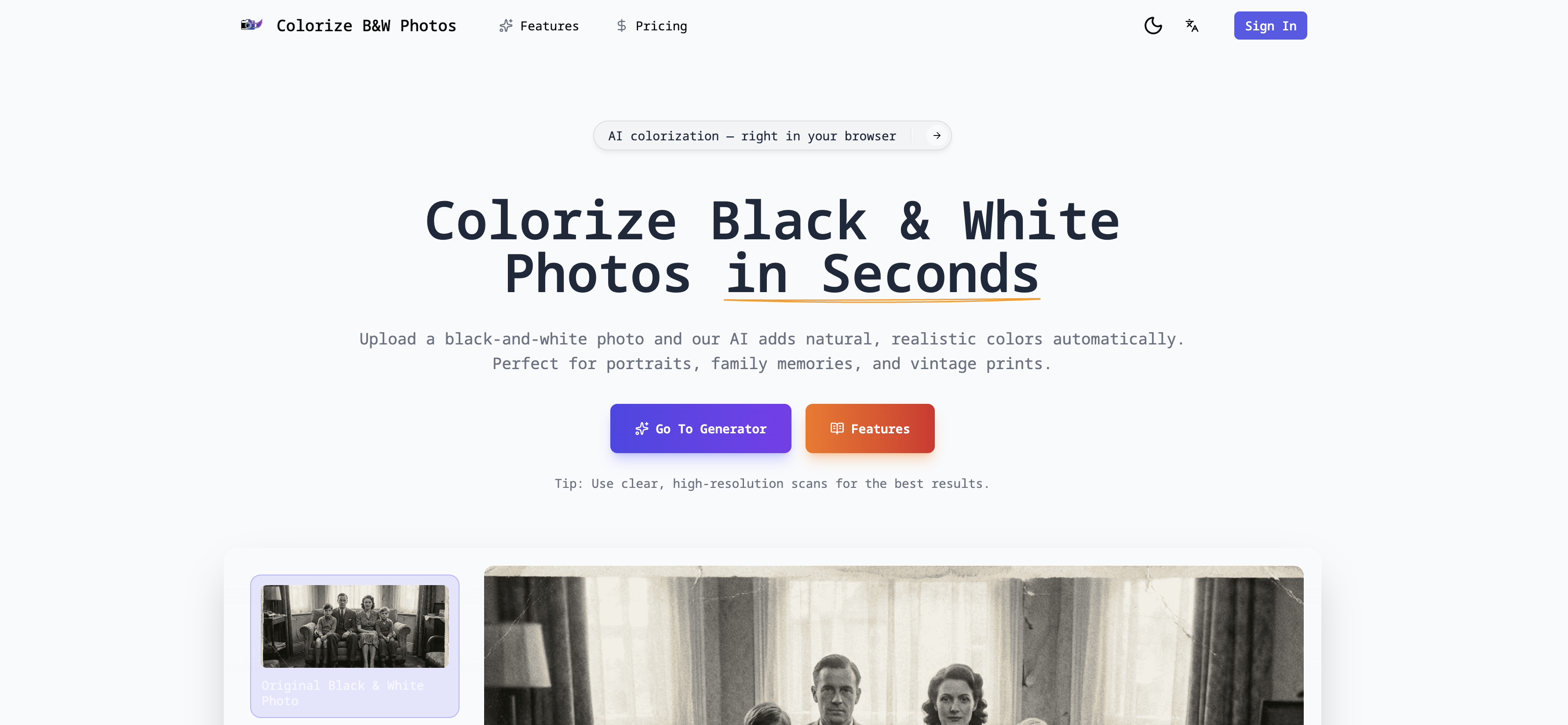 Colorize Black and White Photos - Screenshot showing the interface and features of this AI tool