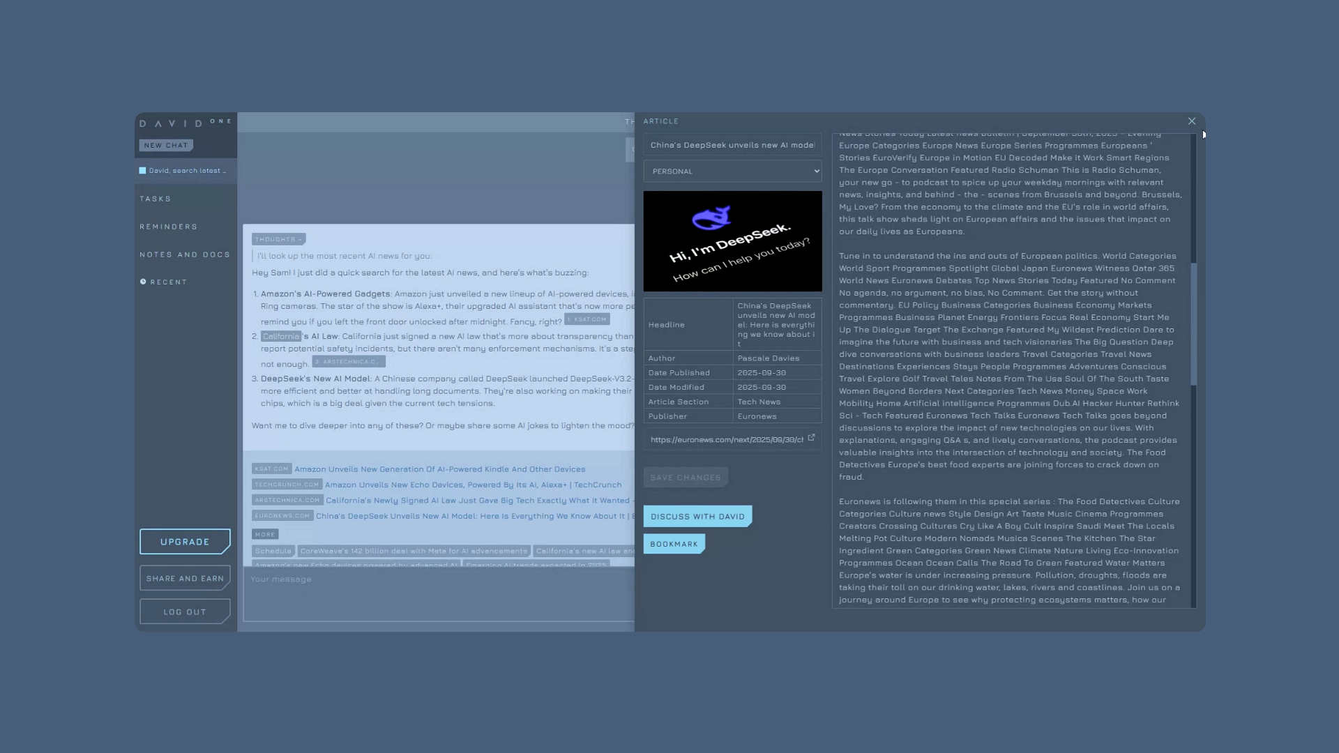 David One - Screenshot showing the interface and features of this AI tool