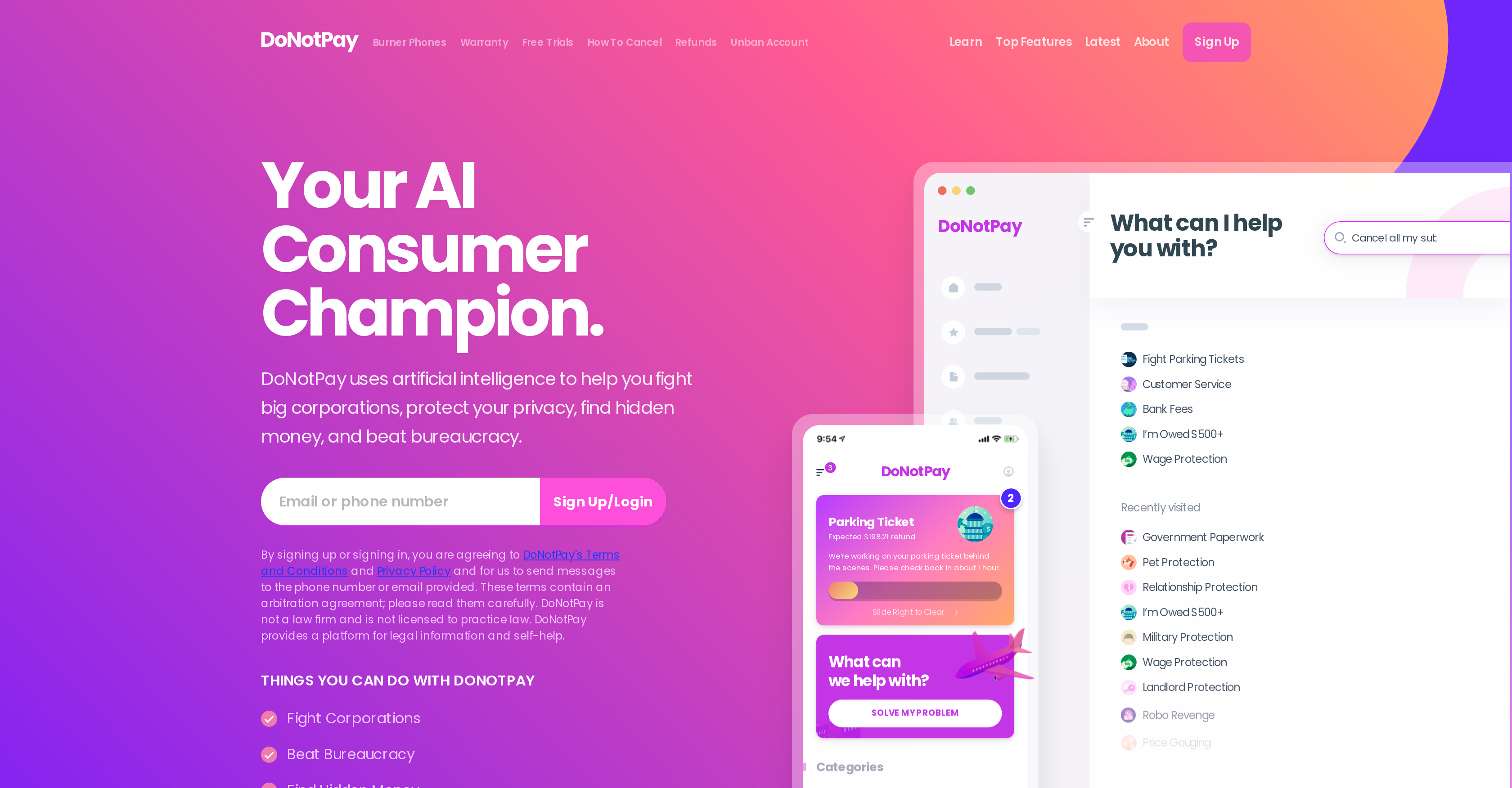 Donotpay - Screenshot showing the interface and features of this AI tool