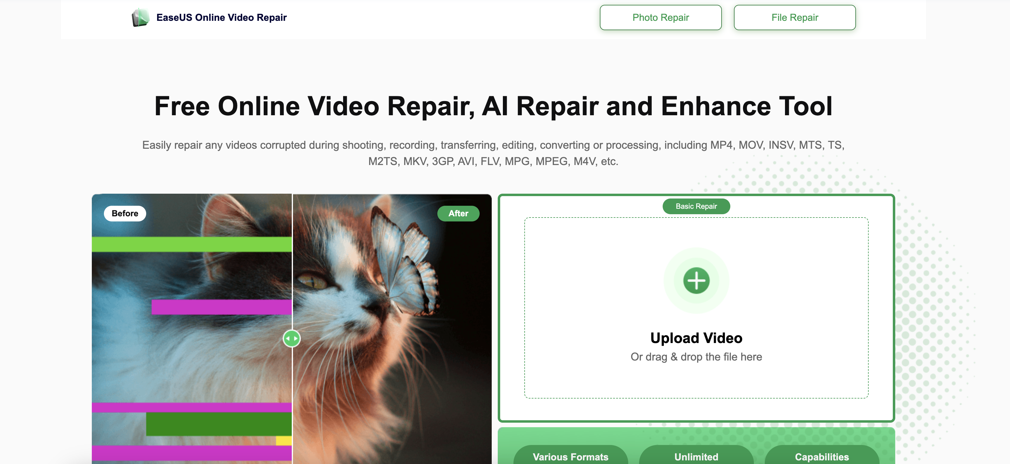 EaseUS Online Video Repair - Screenshot showing the interface and features of this AI tool