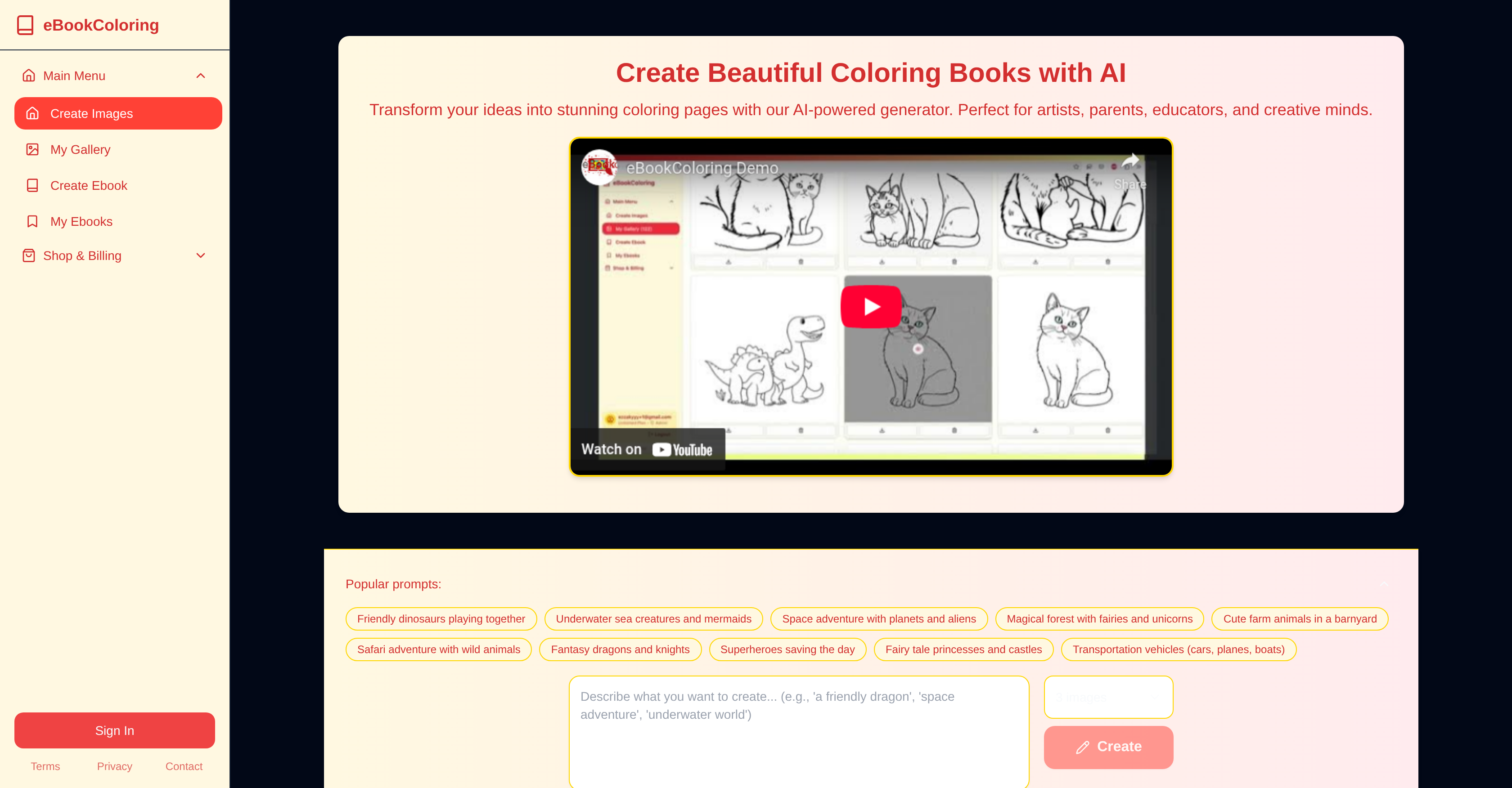 eBookColoring - Screenshot showing the interface and features of this AI tool
