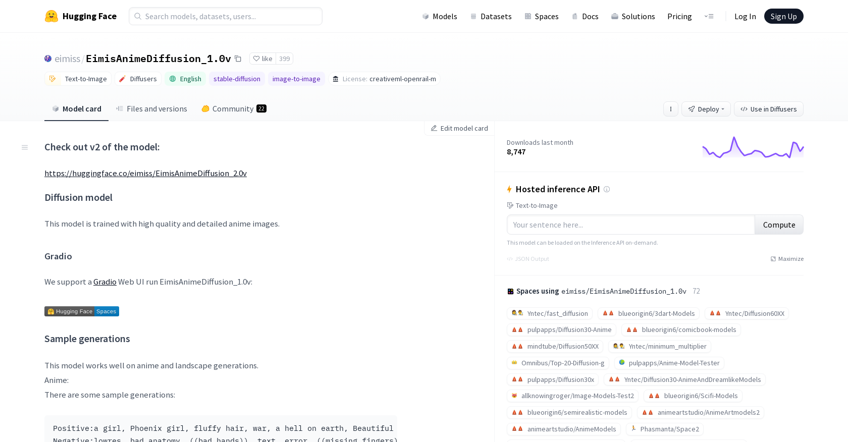 Eimis Anime Diffusion - Screenshot showing the interface and features of this AI tool