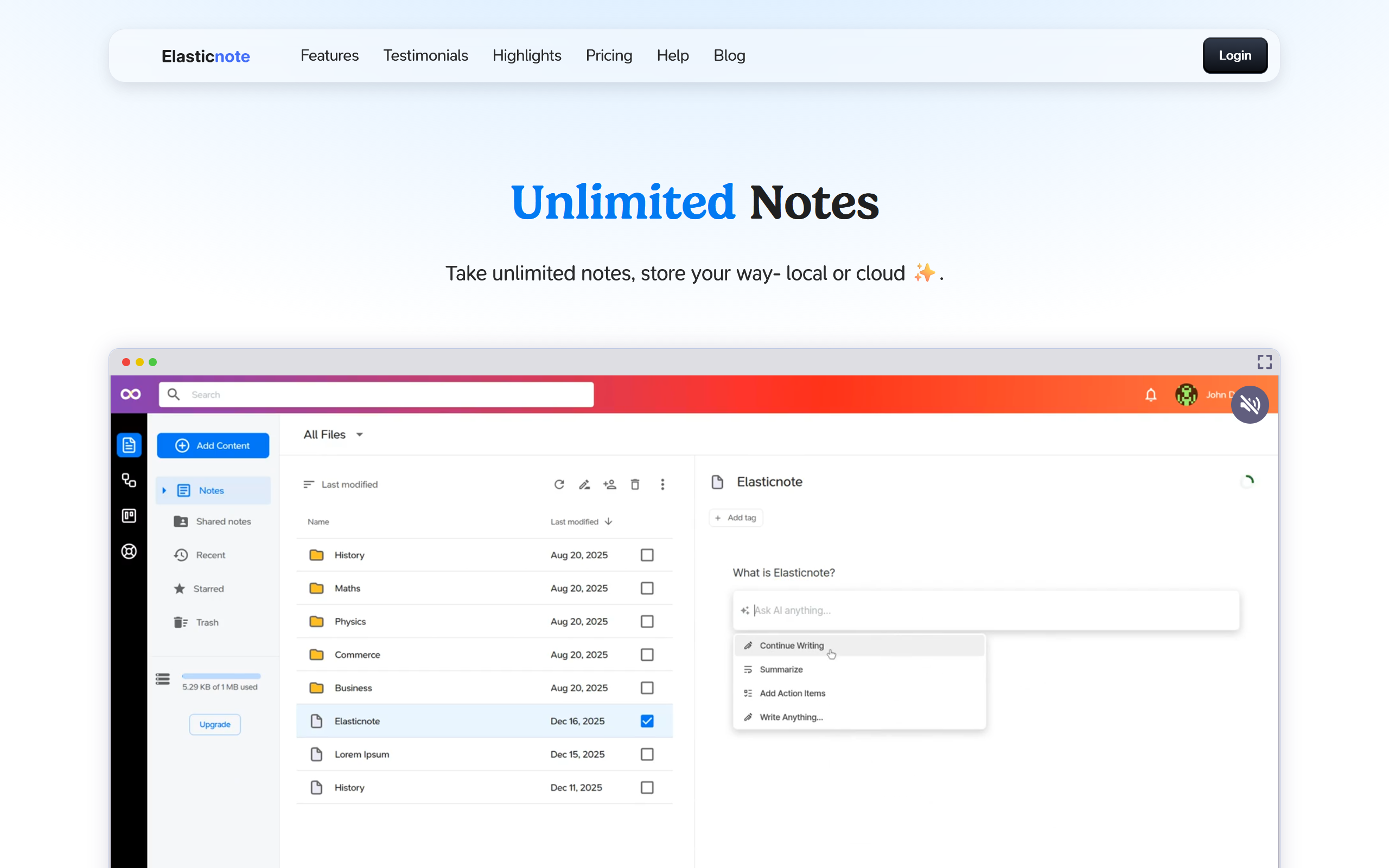 Elasticnote - Screenshot showing the interface and features of this AI tool