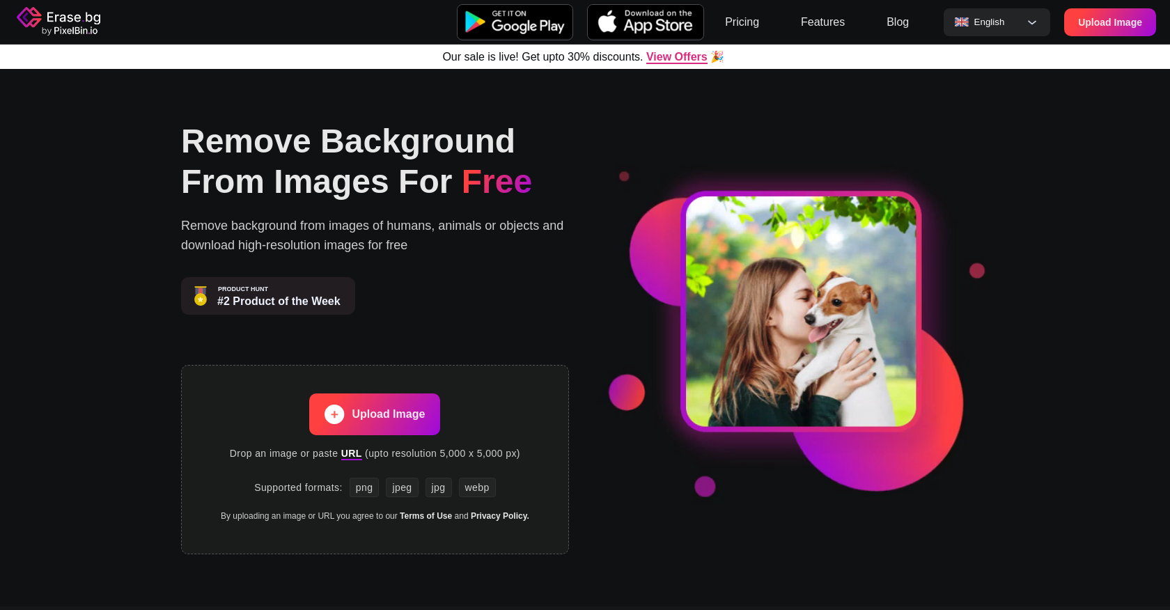 Erase.bg - Screenshot showing the interface and features of this AI tool