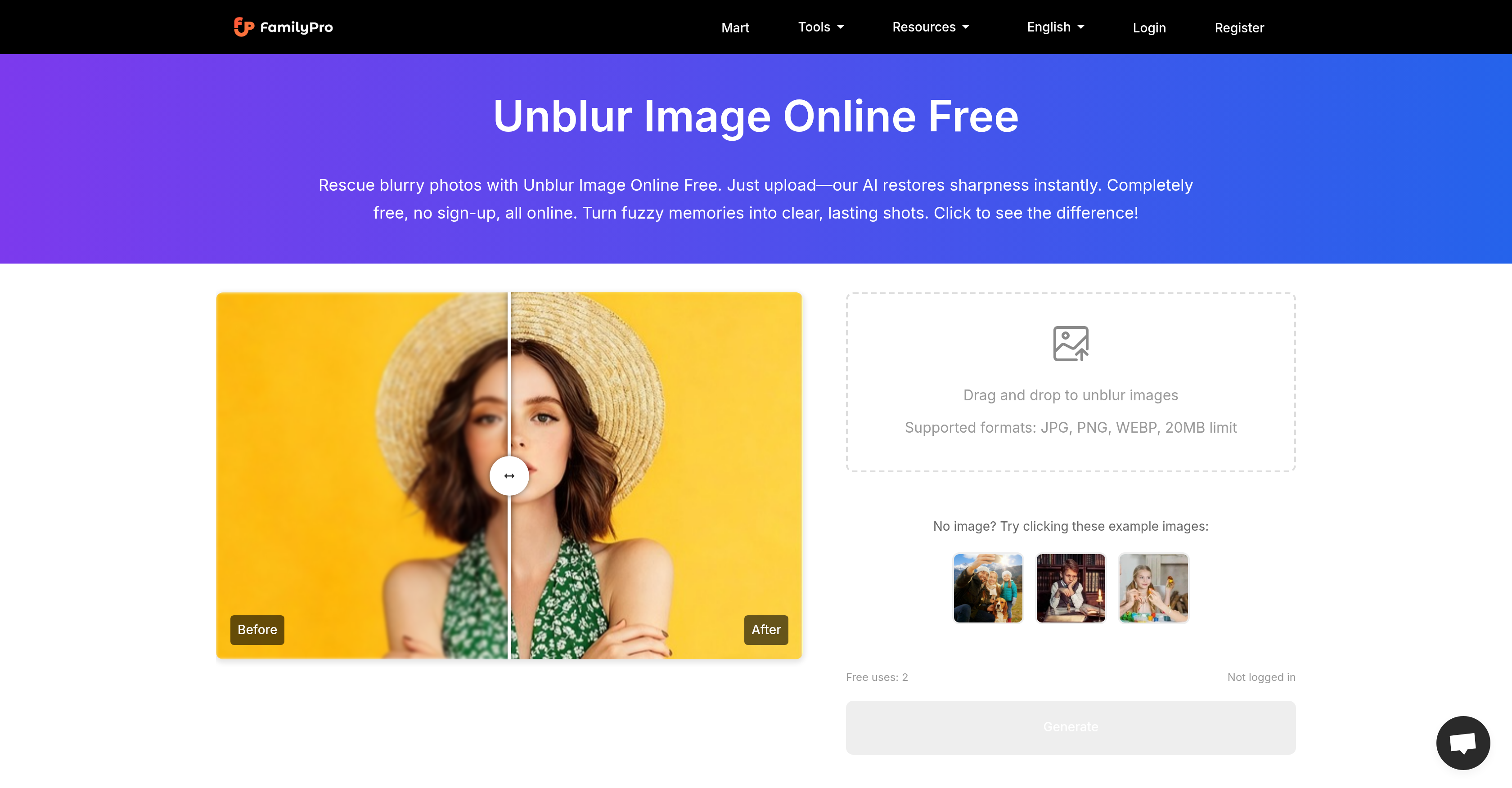 FamilyPro | Unblur Images - Screenshot showing the interface and features of this AI tool