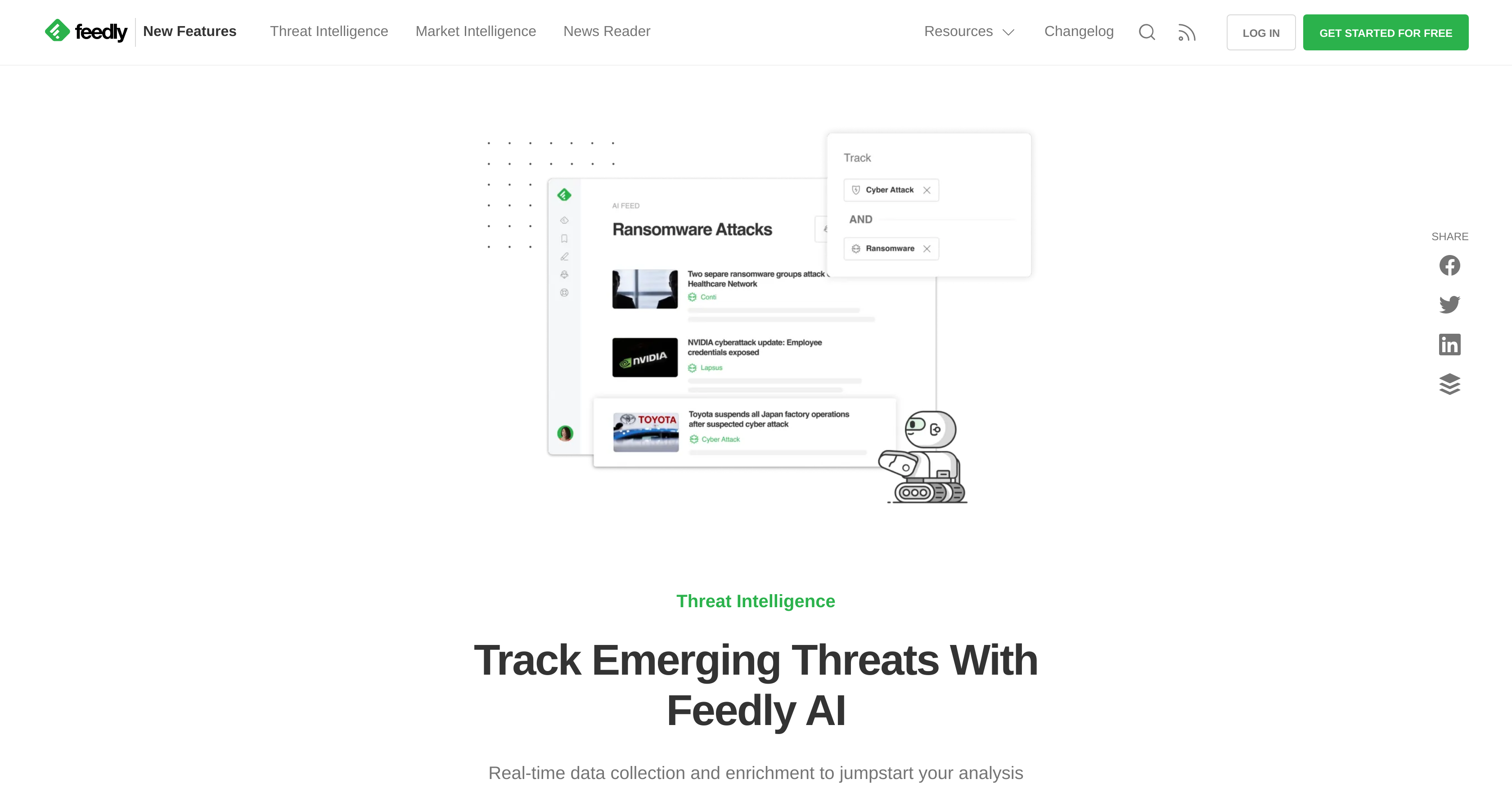 Feedly for Threat Intelligence - Screenshot showing the interface and features of this AI tool