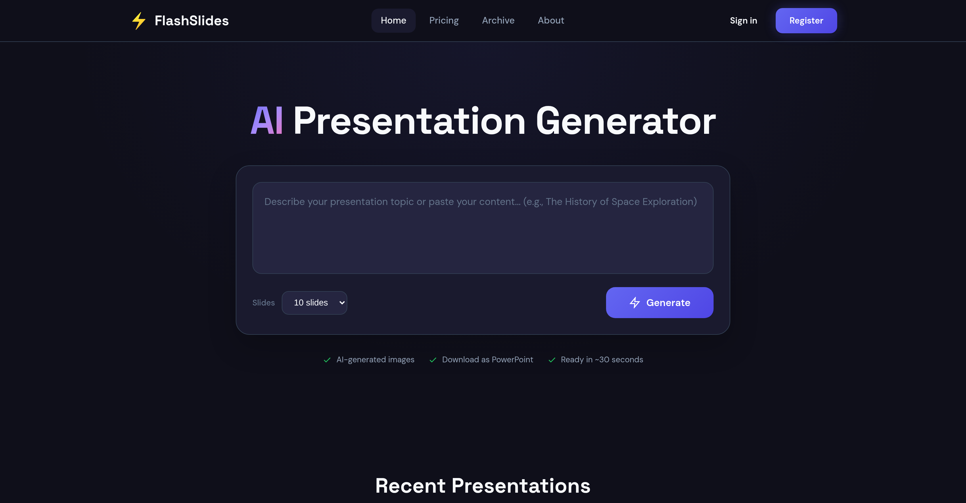 FlashSlides - Screenshot showing the interface and features of this AI tool