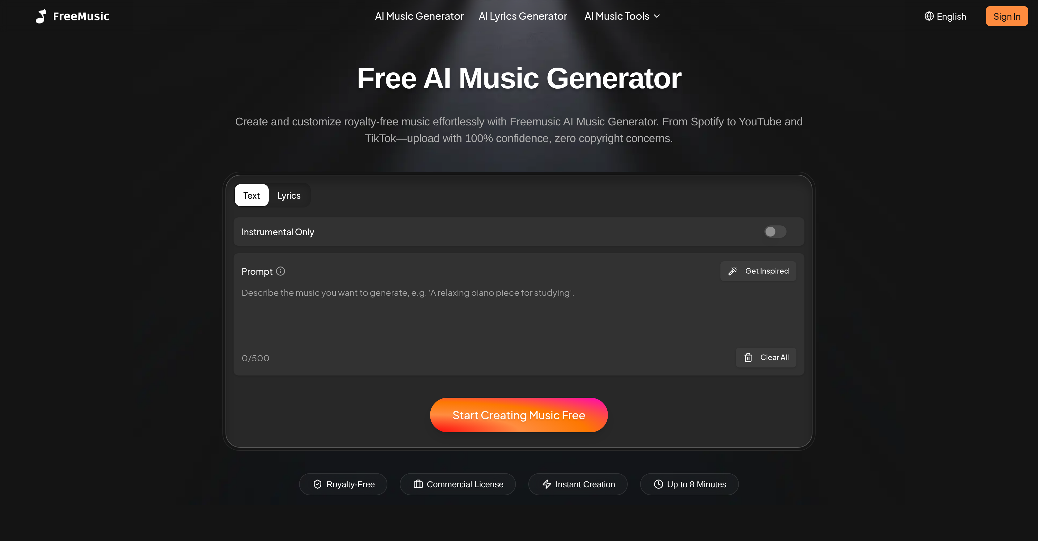 FreeMusic AI - Screenshot showing the interface and features of this AI tool