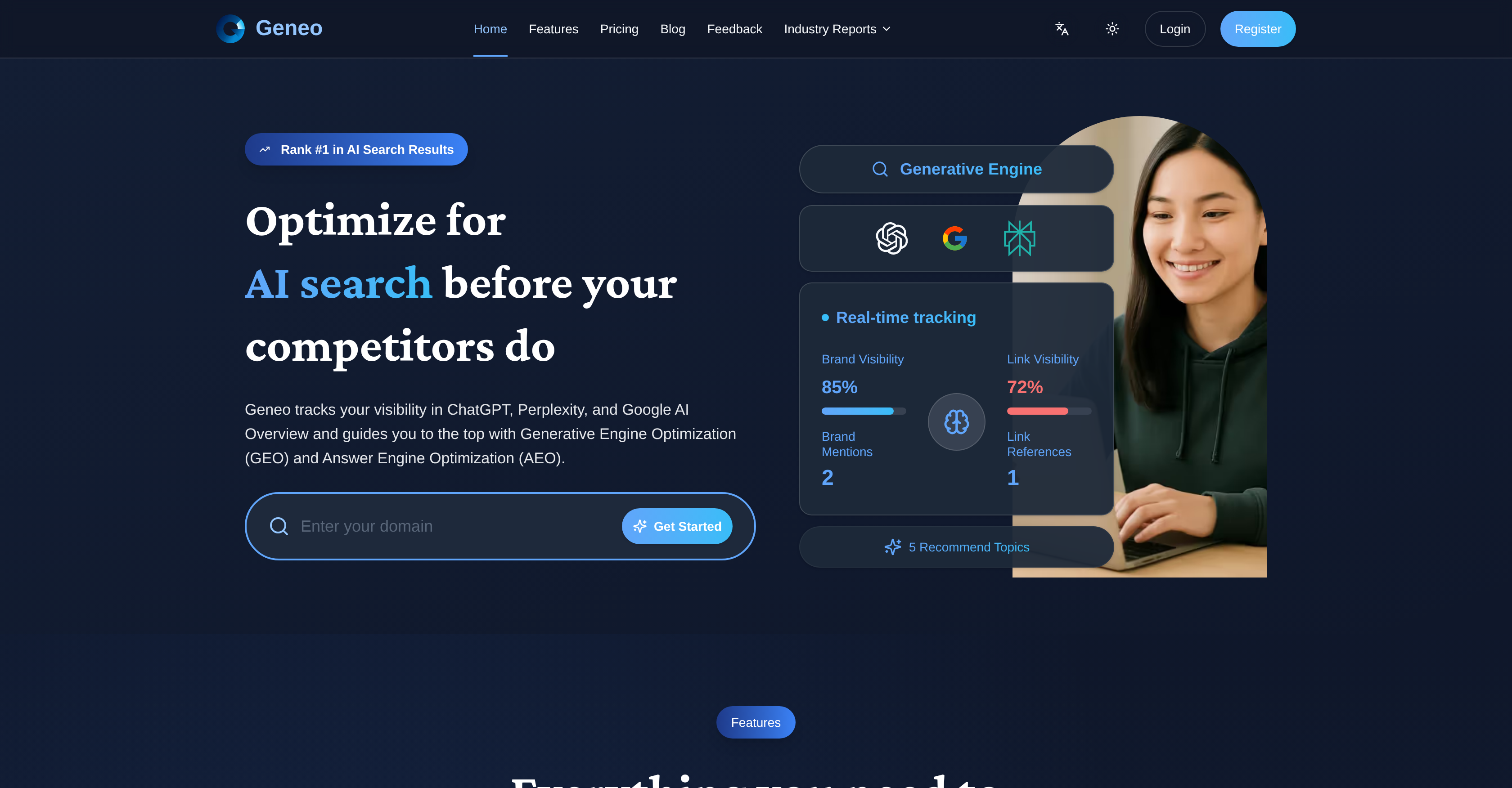Geneo - Screenshot showing the interface and features of this AI tool