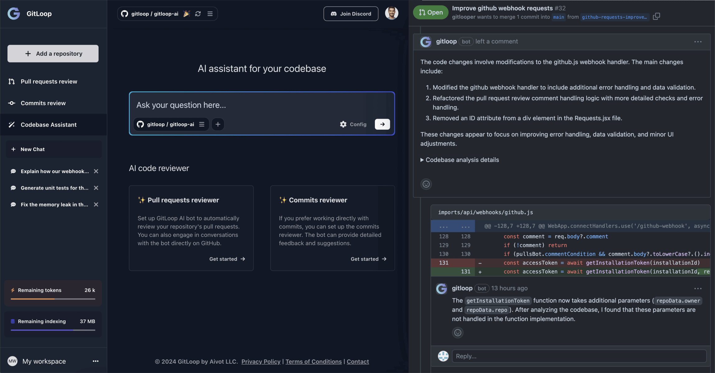 GitLoop - Screenshot showing the interface and features of this AI tool