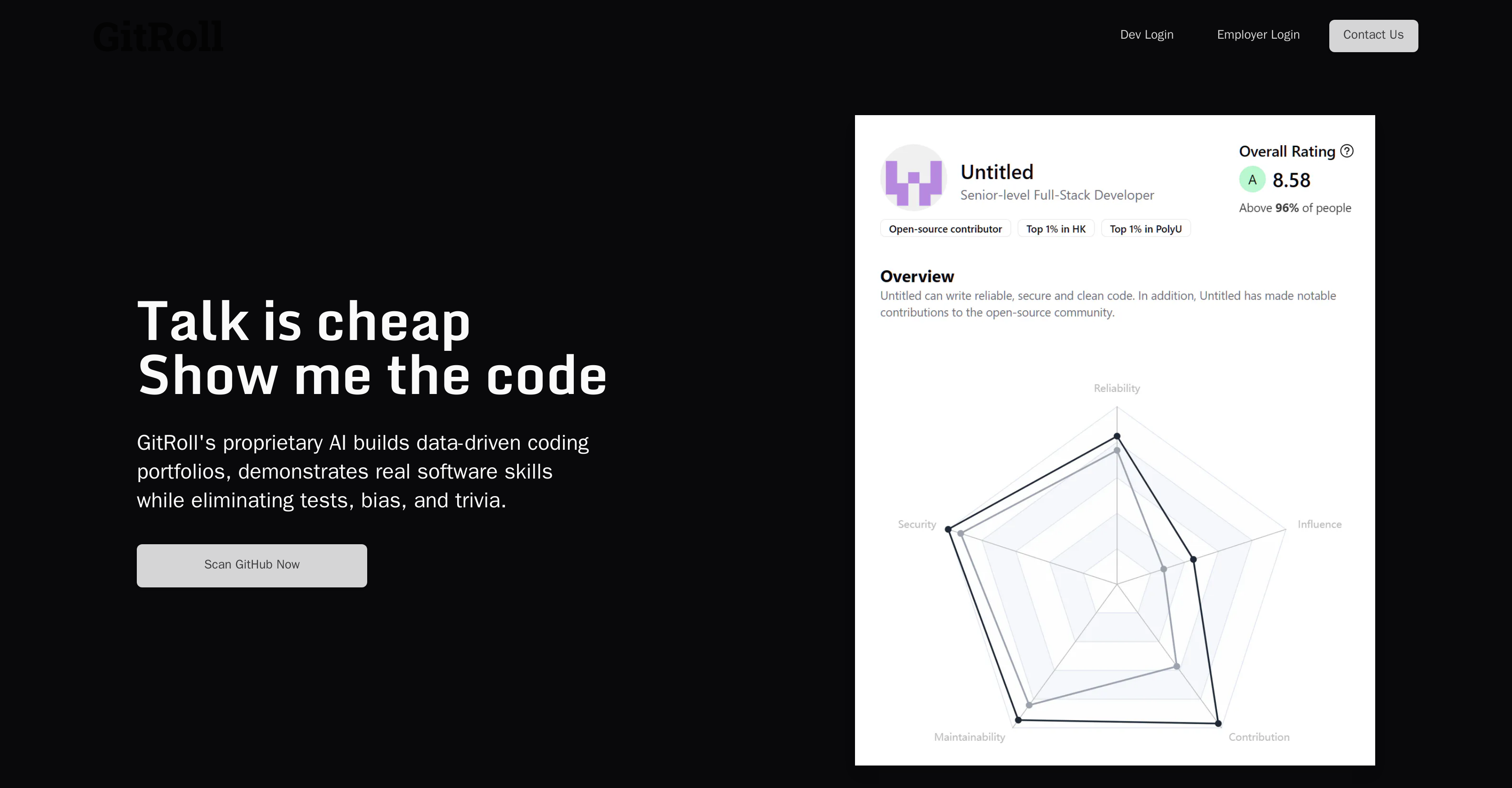 GitRoll - Screenshot showing the interface and features of this AI tool