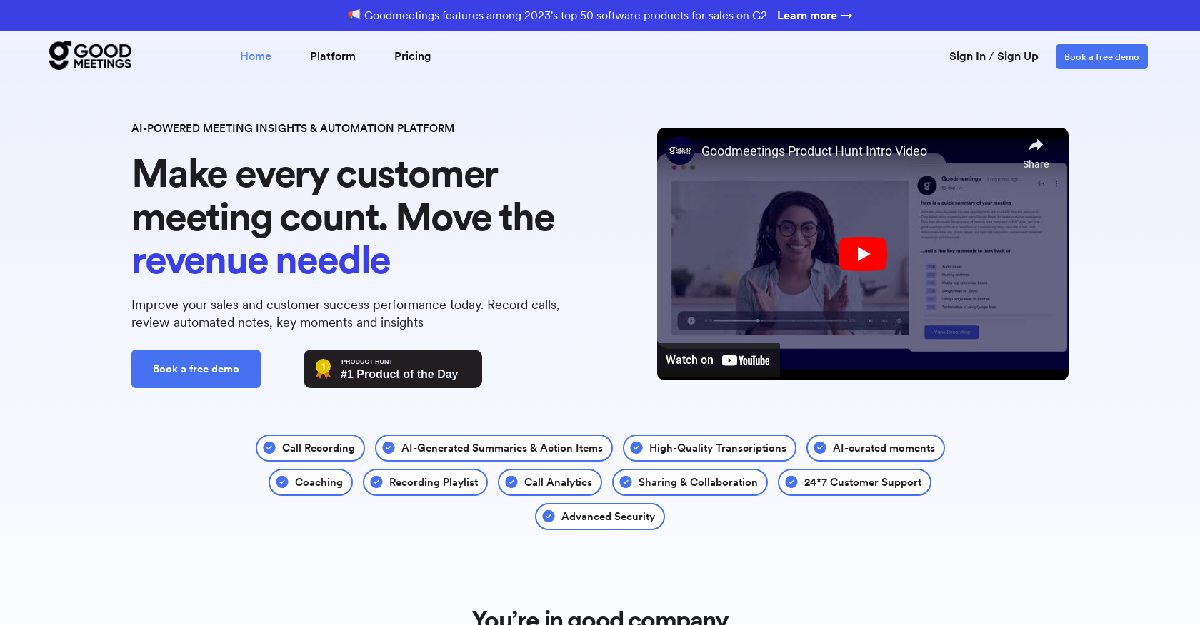 Goodmeetings - Screenshot showing the interface and features of this AI tool