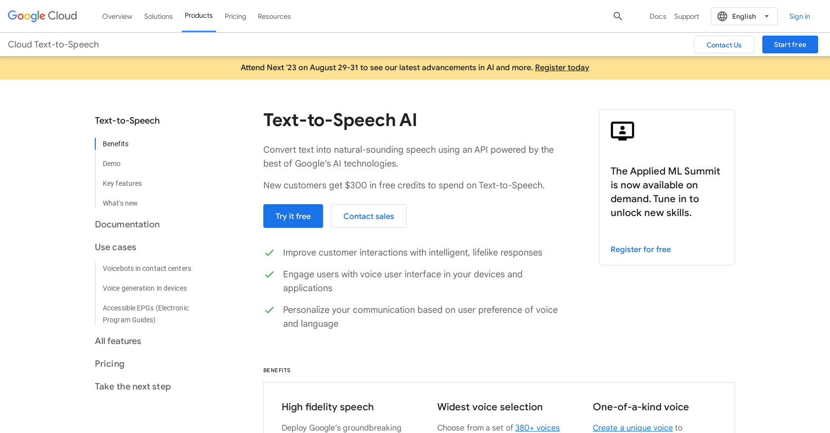 Google text to speech - Screenshot showing the interface and features of this AI tool