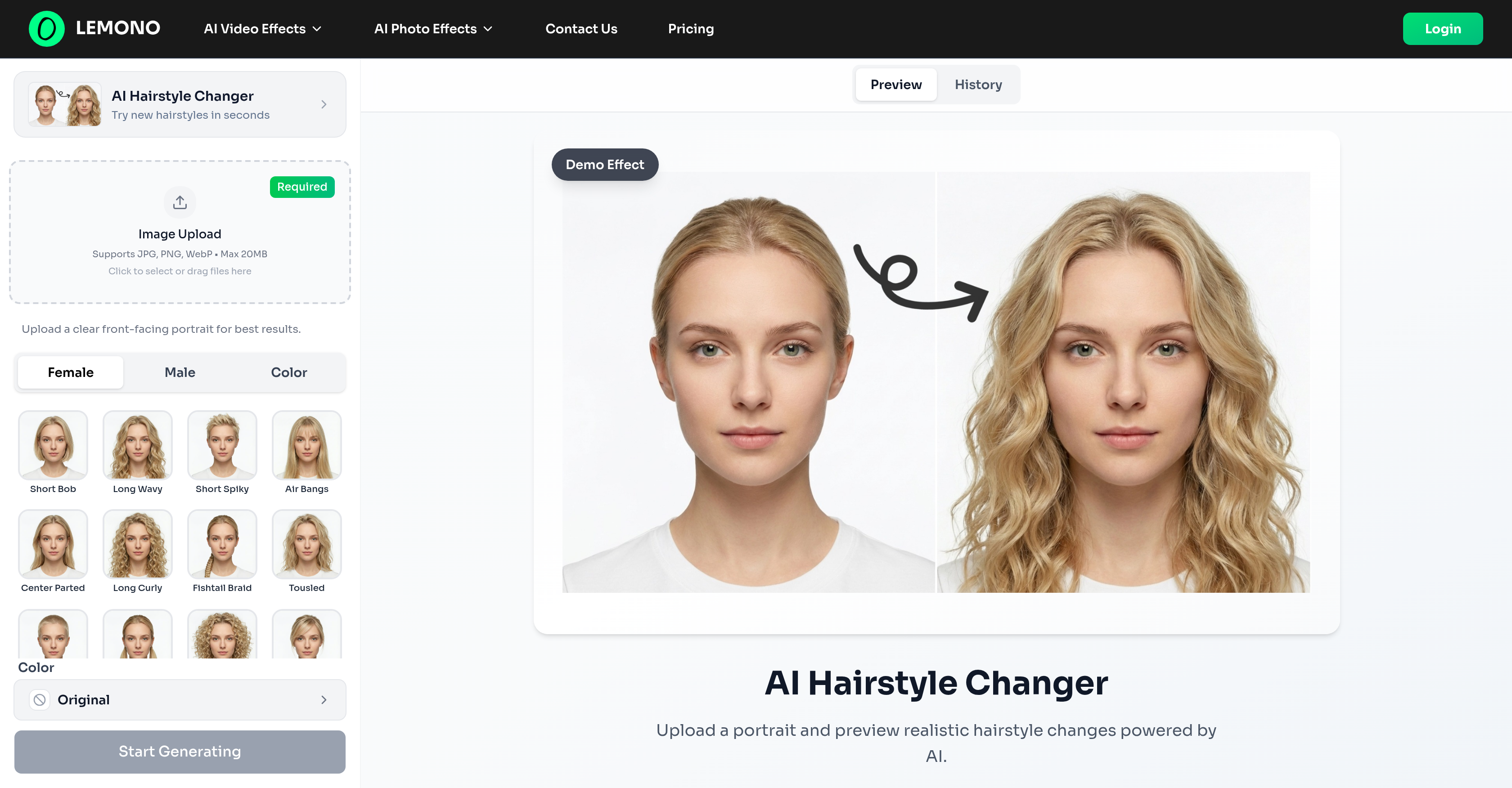 Hairstyle Changer by LEMONO AI - Screenshot showing the interface and features of this AI tool