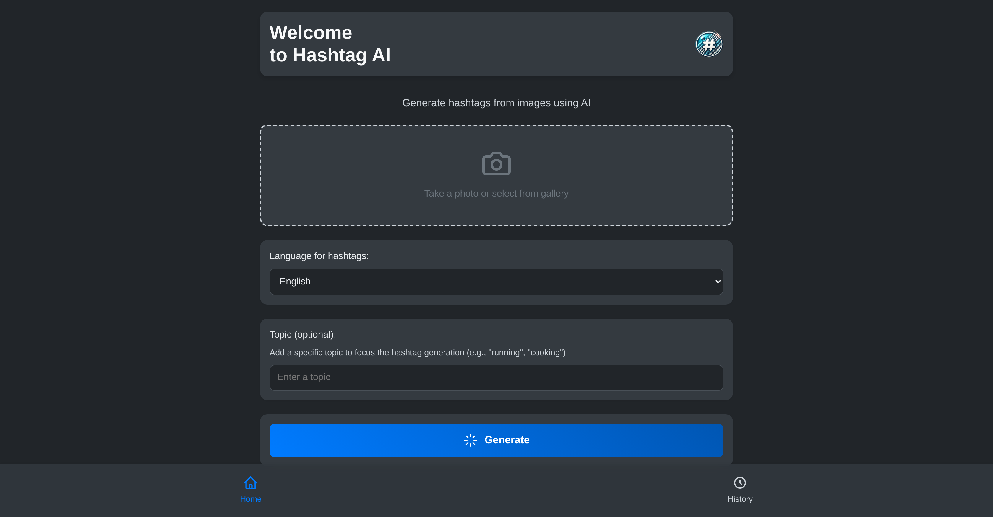Hashtag AI - Screenshot showing the interface and features of this AI tool