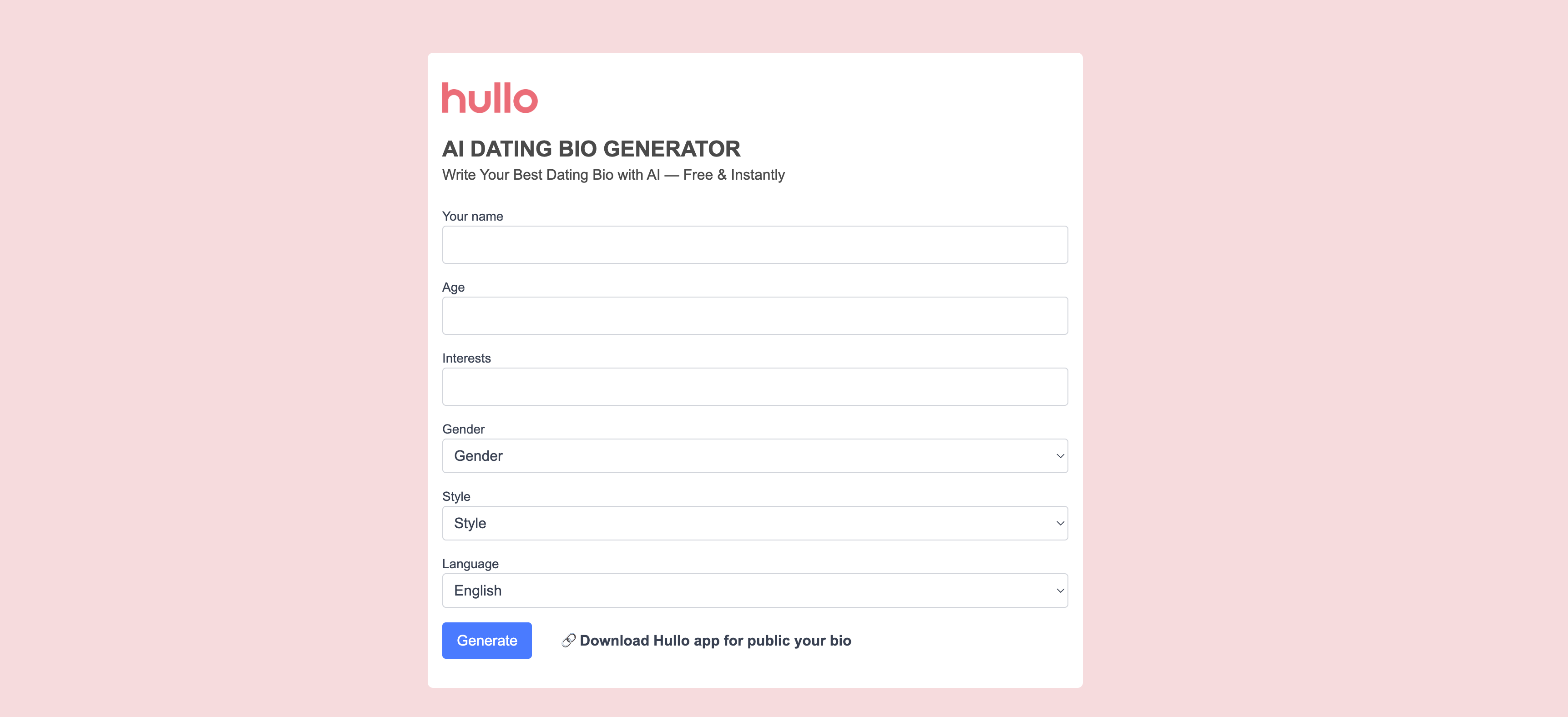 Hullo AI Bio Generator - Screenshot showing the interface and features of this AI tool