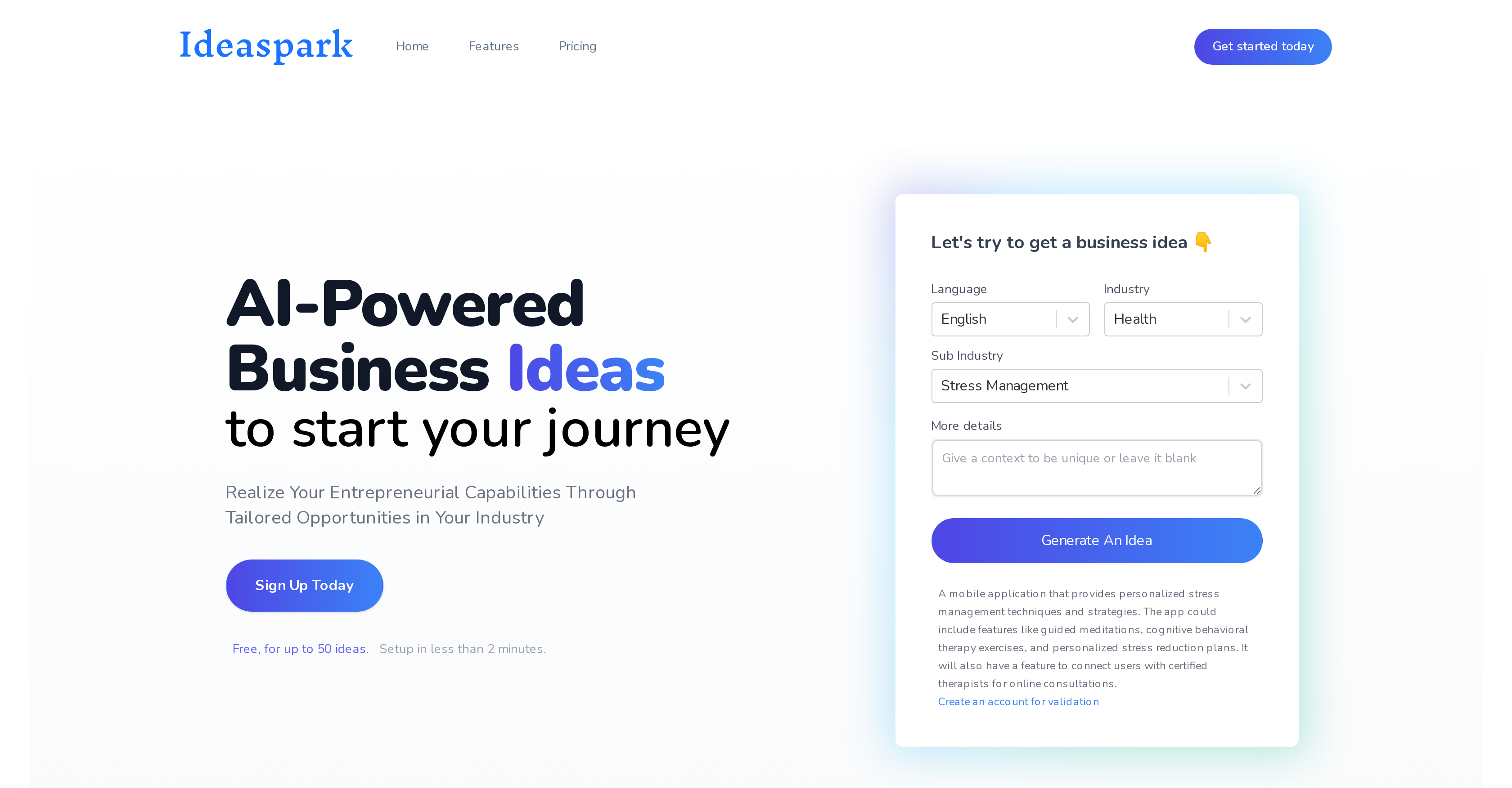 IdeaSpark - Screenshot showing the interface and features of this AI tool