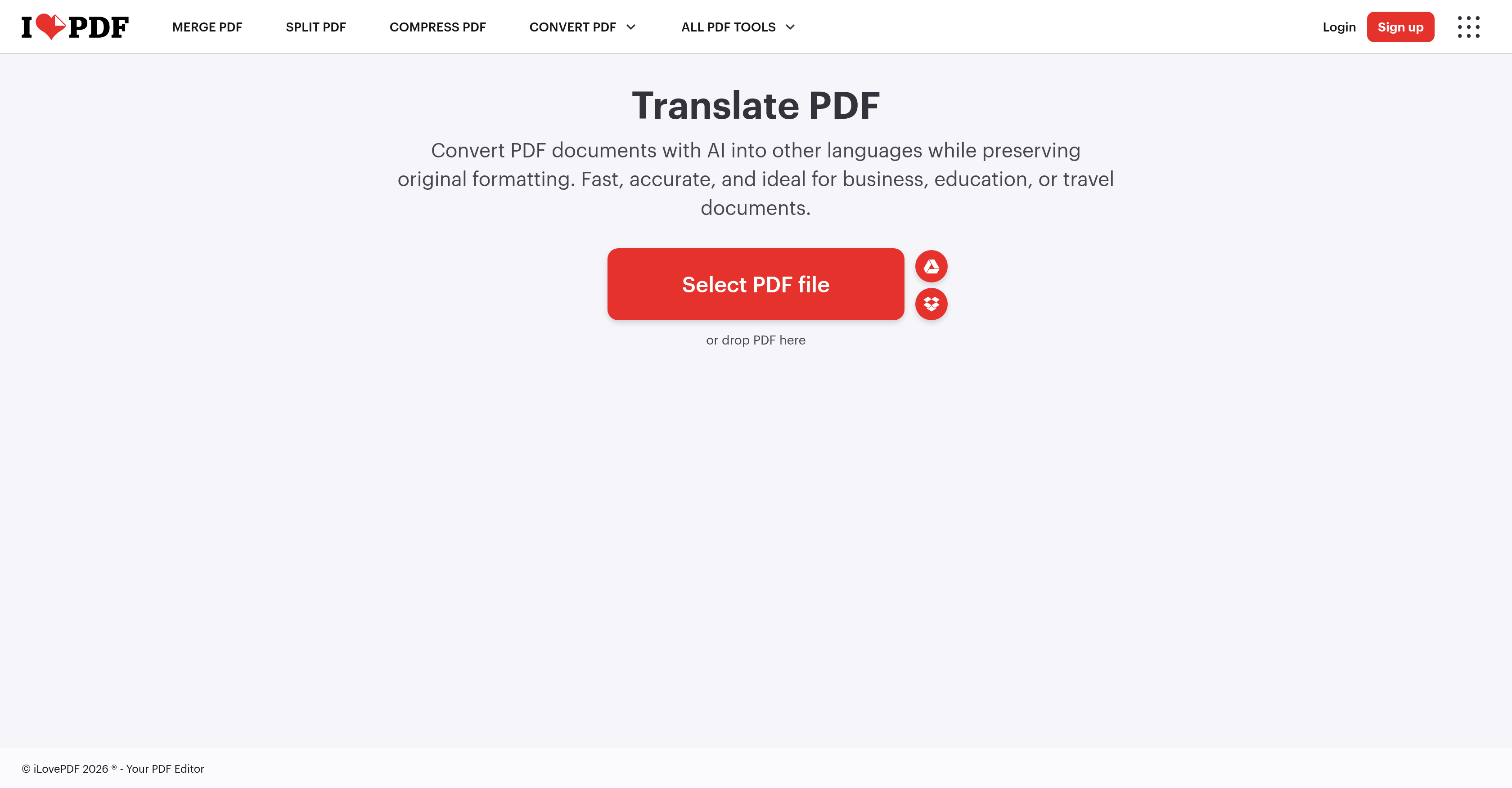 iLovePDF AI PDF Translator - Screenshot showing the interface and features of this AI tool