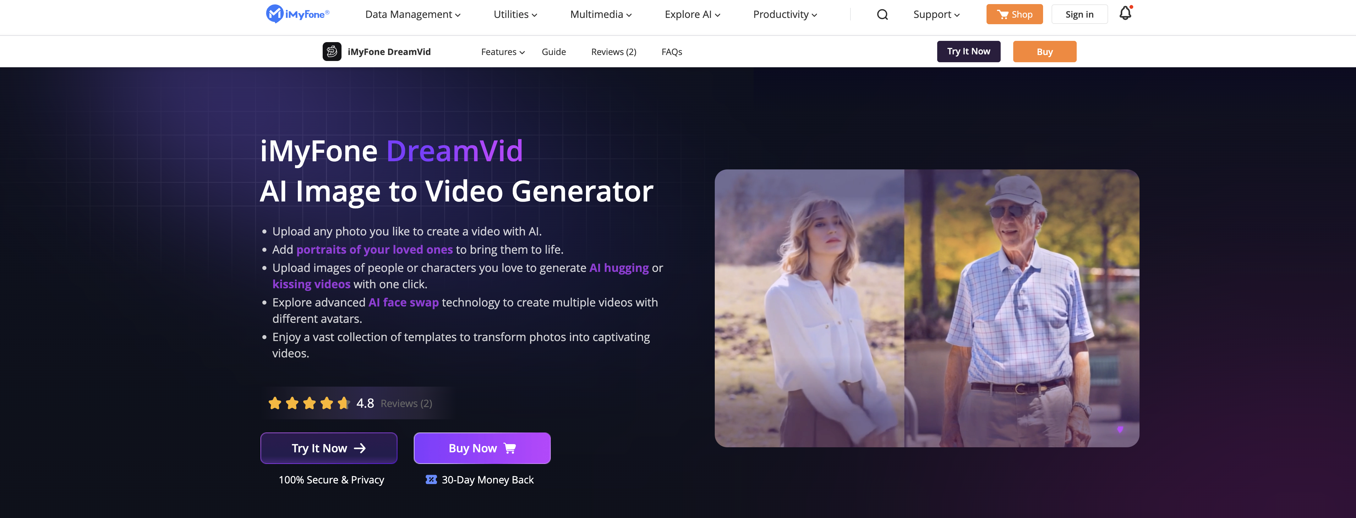 iMyFone DreamVid - Screenshot showing the interface and features of this AI tool
