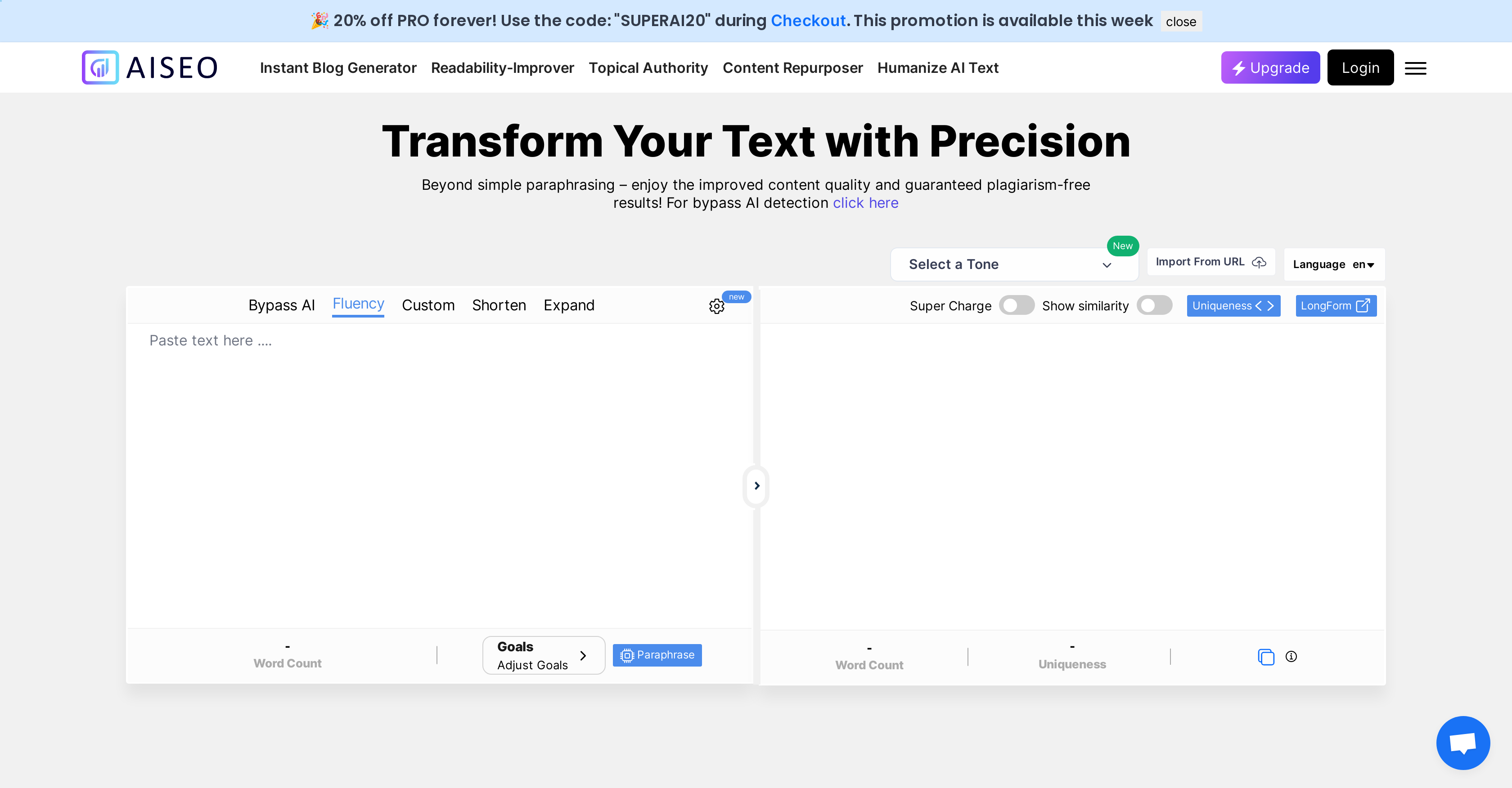 AISEO Free Paraphrasing Tool - Screenshot showing the interface and features of this AI tool