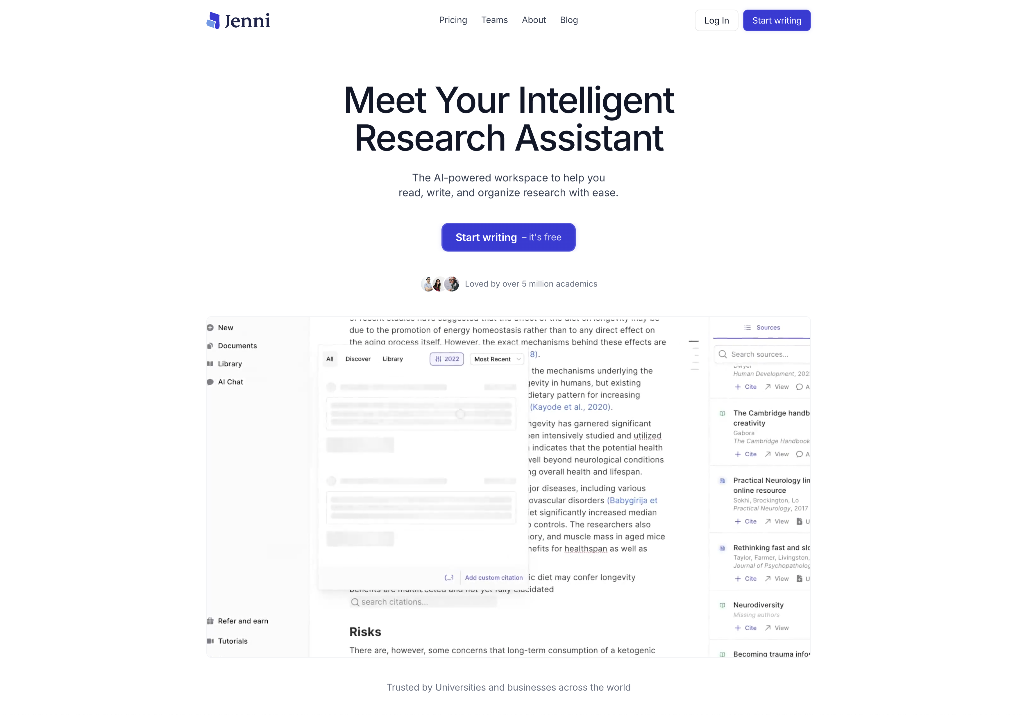 Jenni - Screenshot showing the interface and features of this AI tool