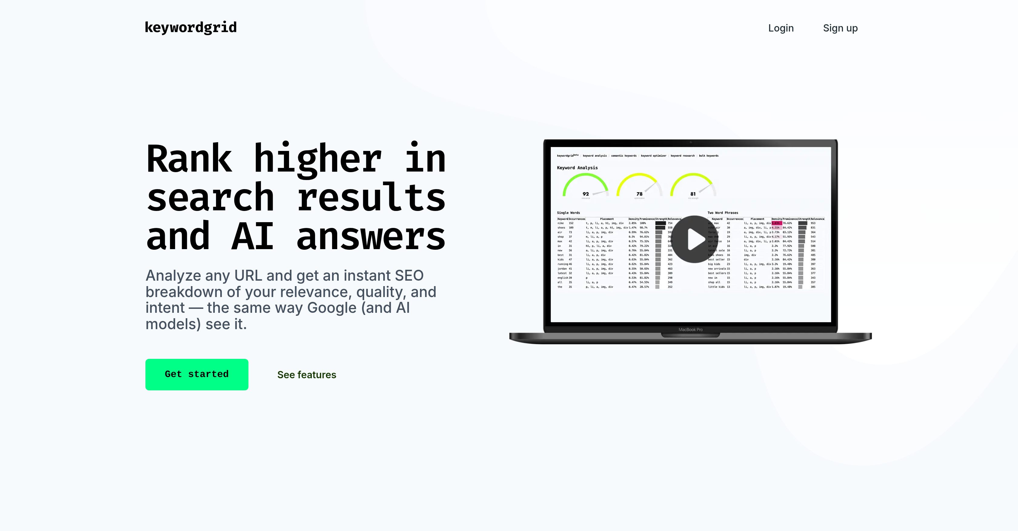 Keyword Grid - Screenshot showing the interface and features of this AI tool