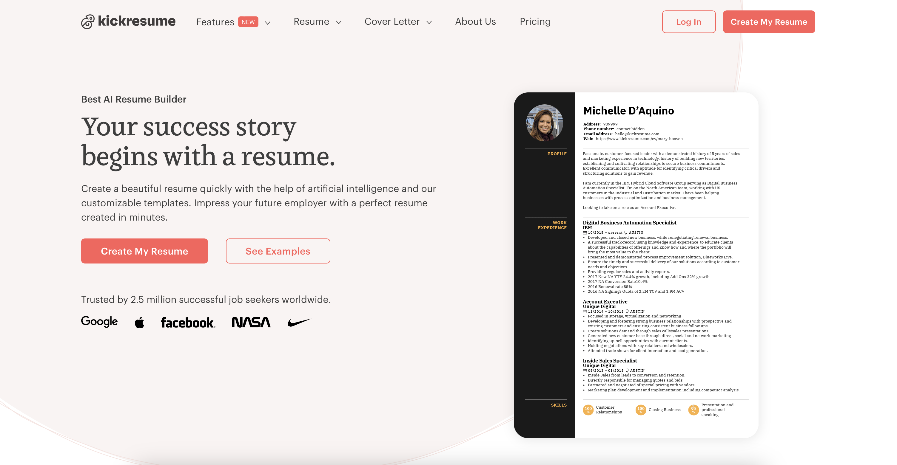 Kickresume - Screenshot showing the interface and features of this AI tool