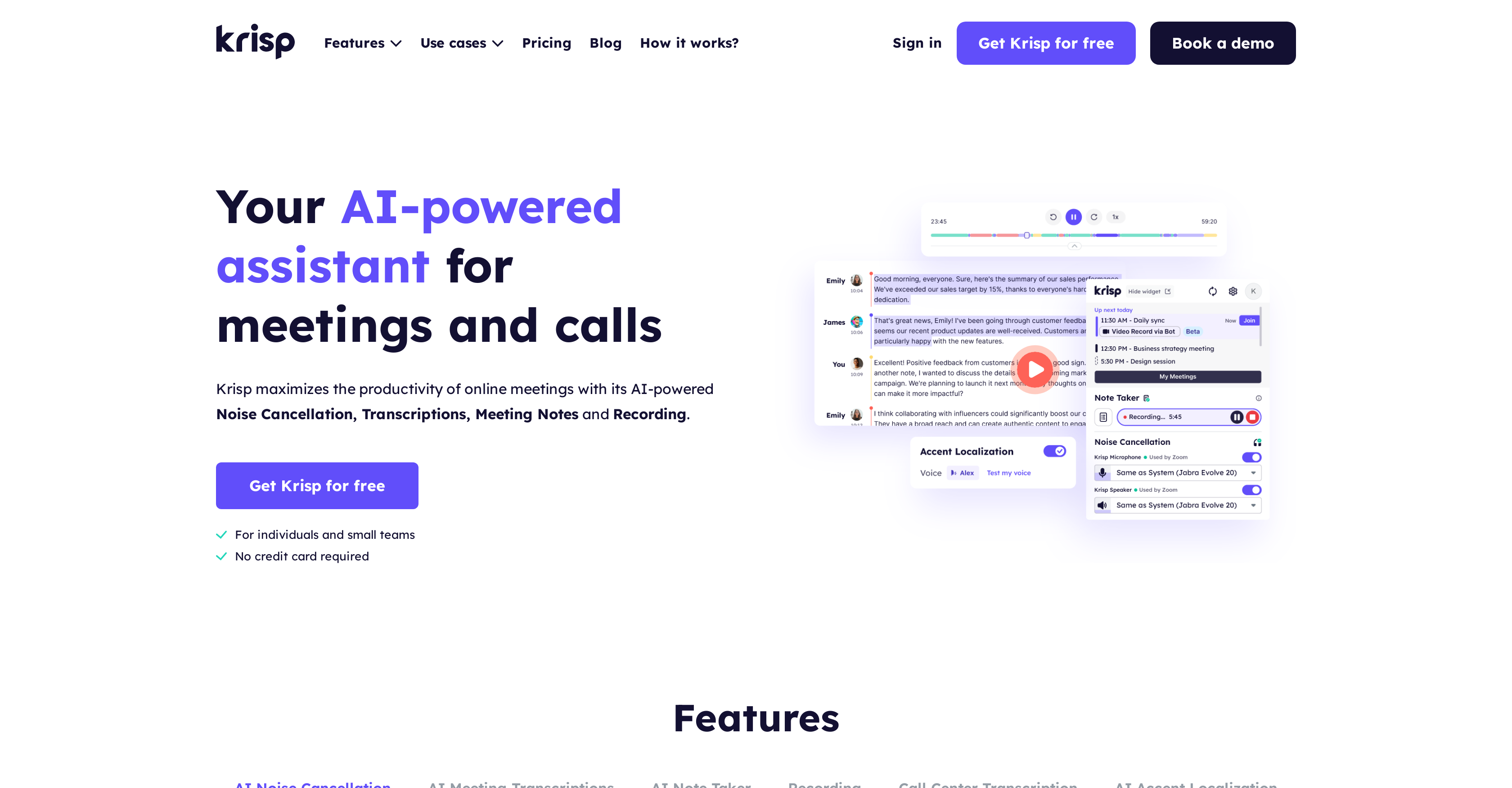 Krisp - Screenshot showing the interface and features of this AI tool