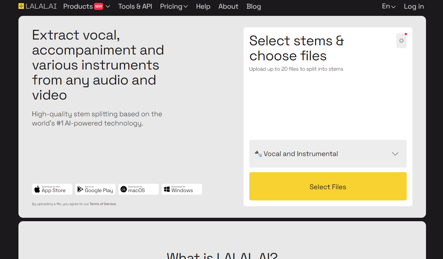 LALAL - Screenshot showing the interface and features of this AI tool